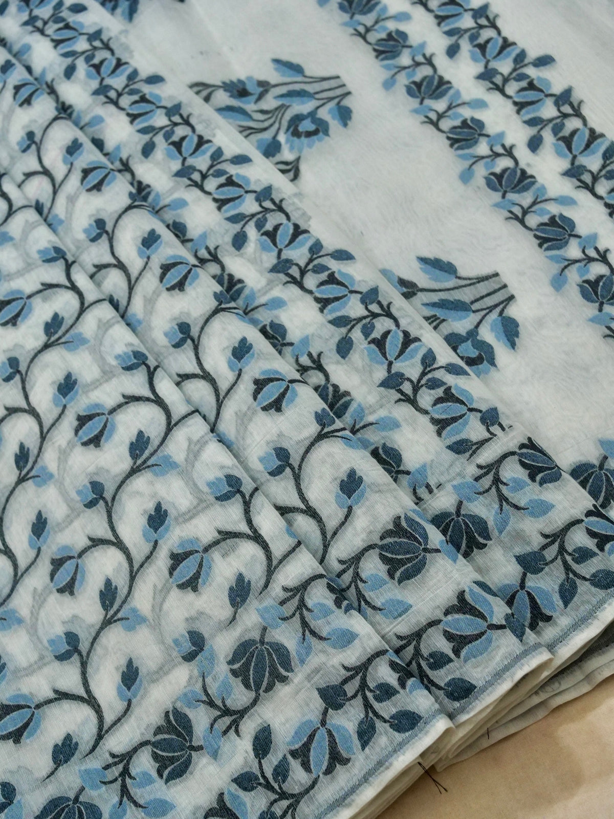 Ivory Jamdhani Style Saree with Slate Blue and Charcoal Grey Woven Motifs