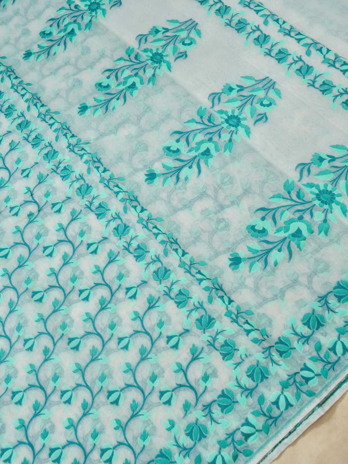 Ivory Jamdhani Style Saree with Turquoise and Blue Woven Motifs