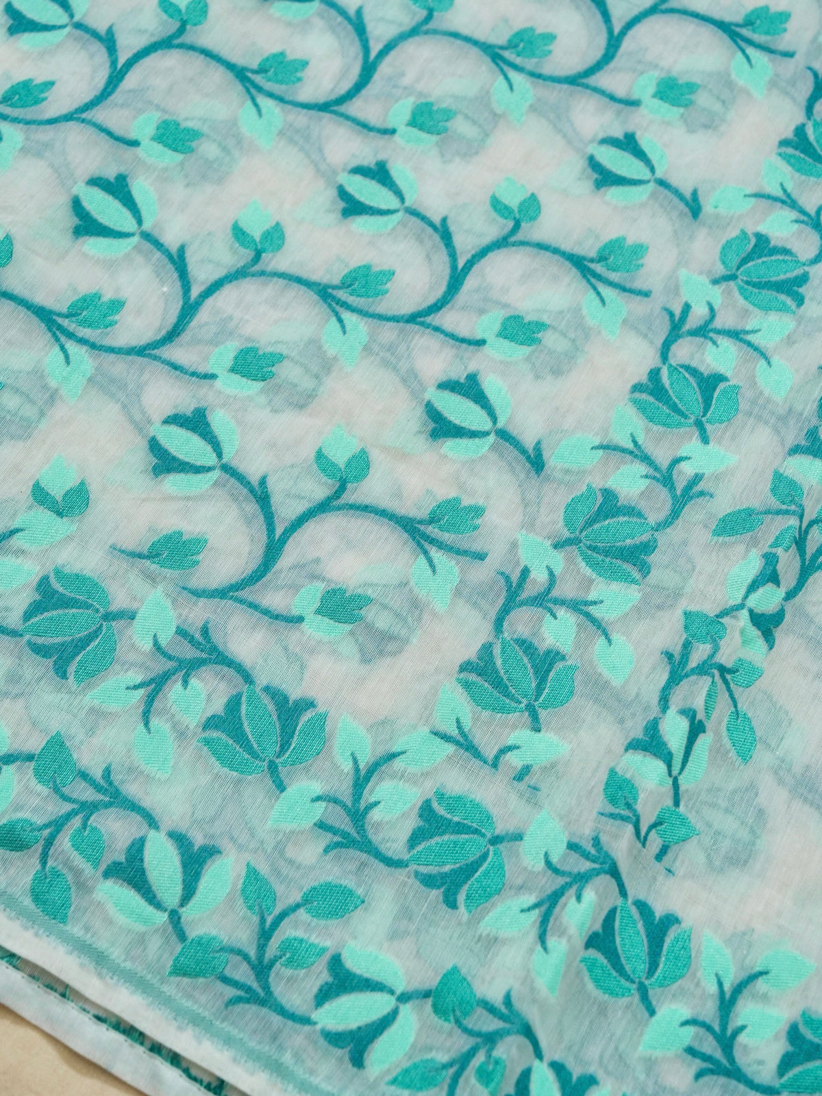 Ivory Jamdhani Style Saree with Turquoise and Blue Woven Motifs