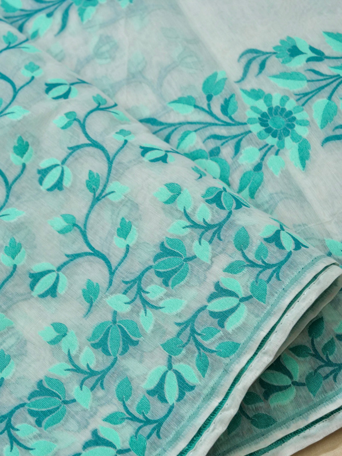 Ivory Jamdhani Style Saree with Turquoise and Blue Woven Motifs