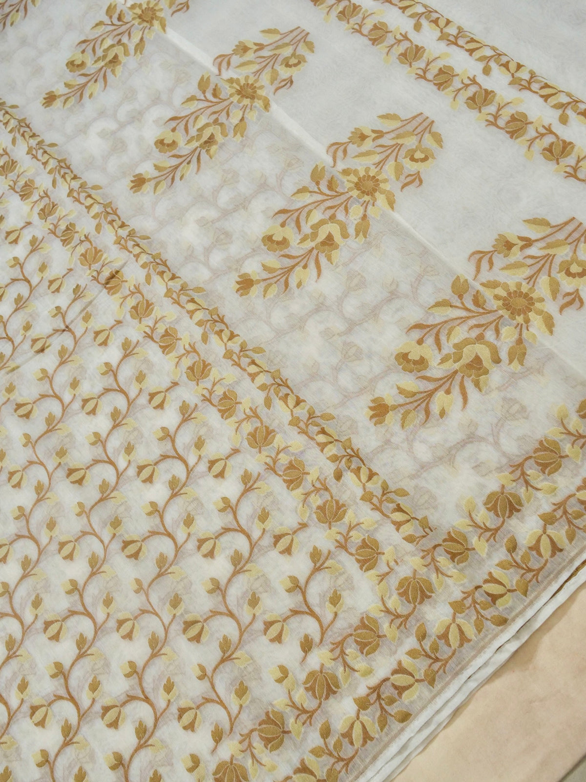 Ivory Jamdhani Style Saree with Mustard Gold Woven Motifs