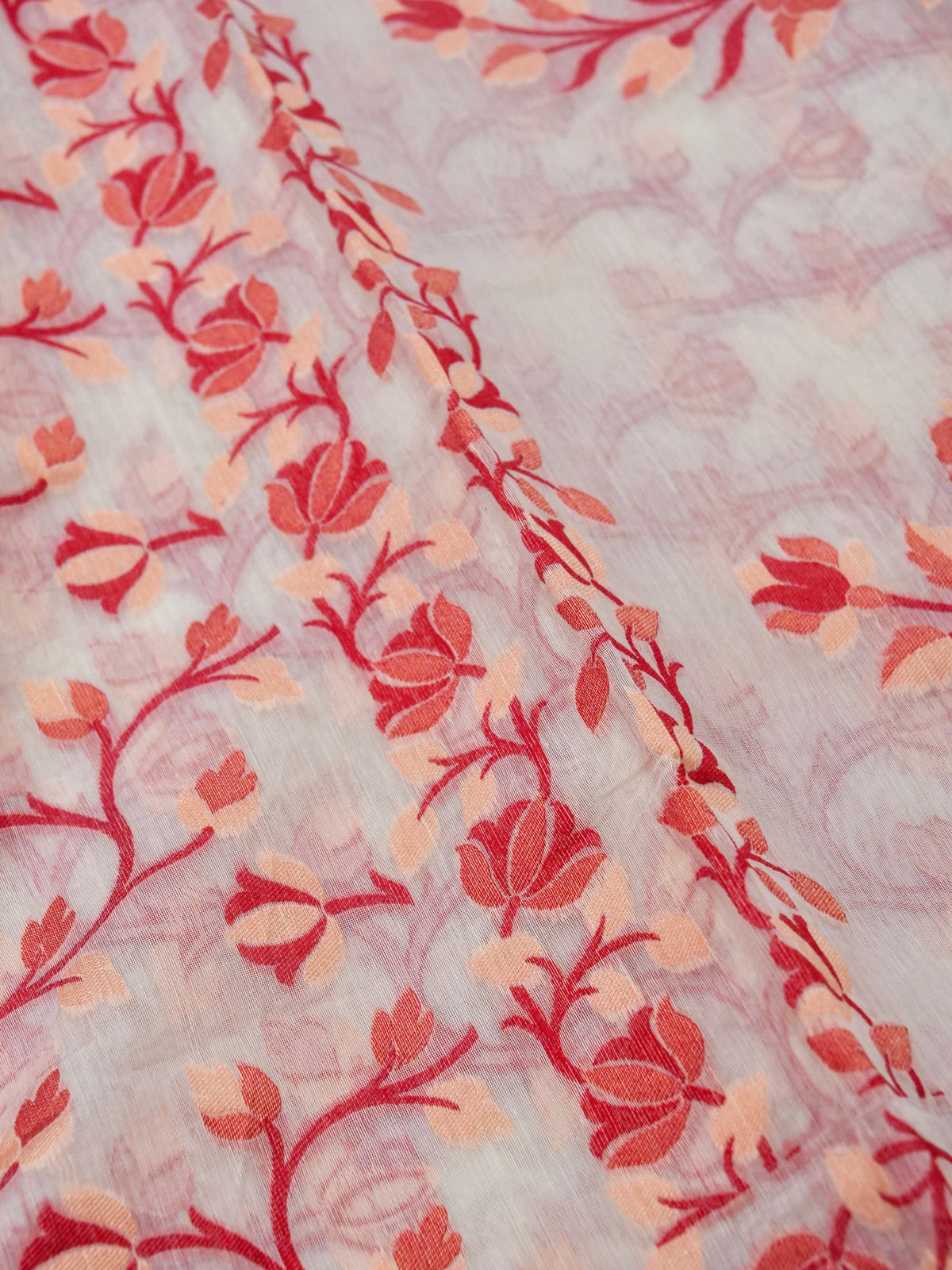 Ivory Jamdhani Style Saree with Peach & Red Woven Motifs