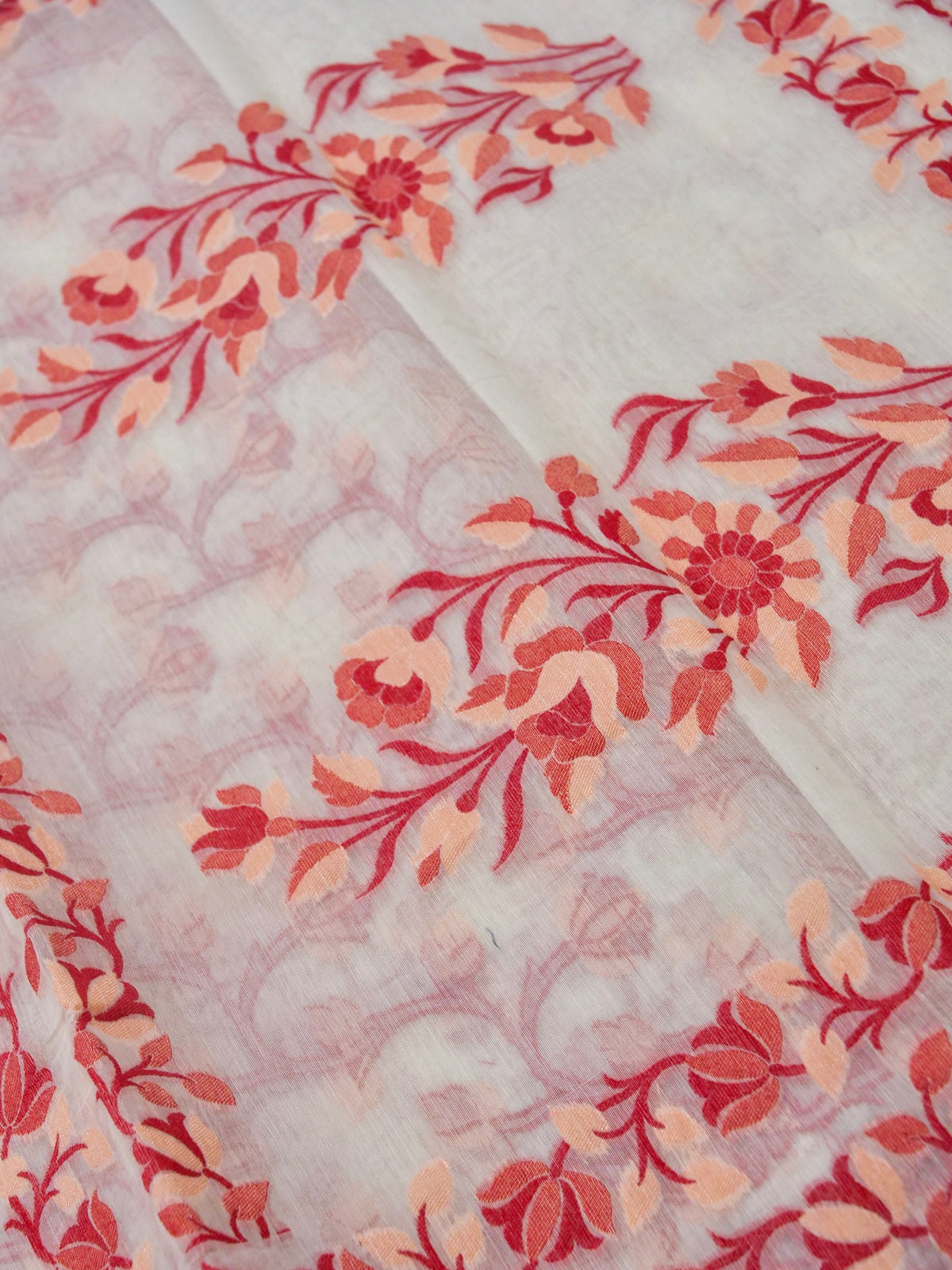Ivory Jamdhani Style Saree with Peach & Red Woven Motifs