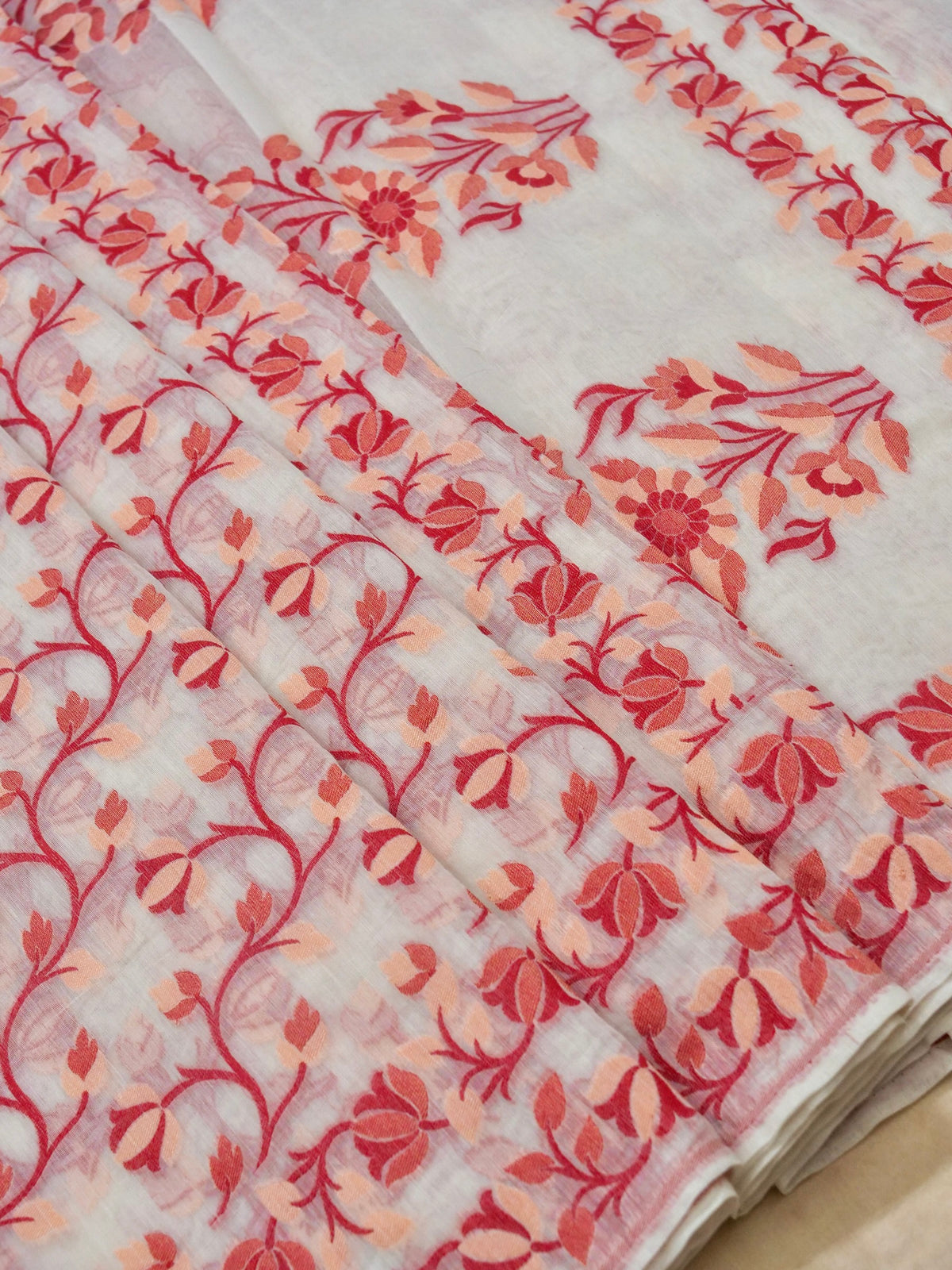 Ivory Jamdhani Style Saree with Peach & Red Woven Motifs