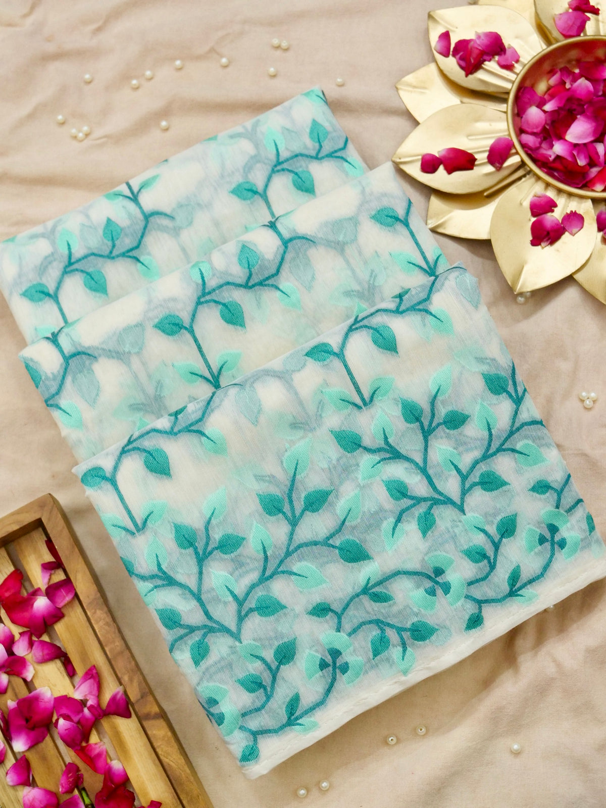 Ivory Jamdhani Style Saree with Blue Teal Geometric Floral Pattern