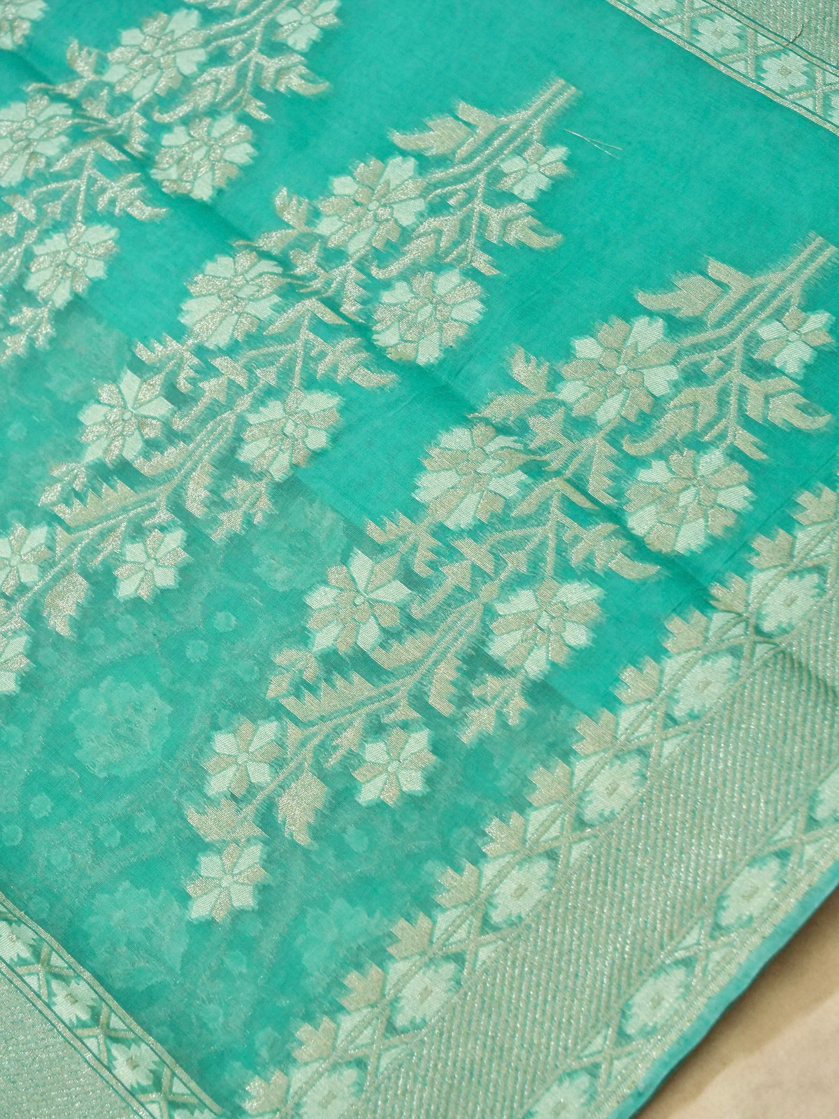 Aqua Blue Jamdhani-Style Saree with Intricate Floral Motifs