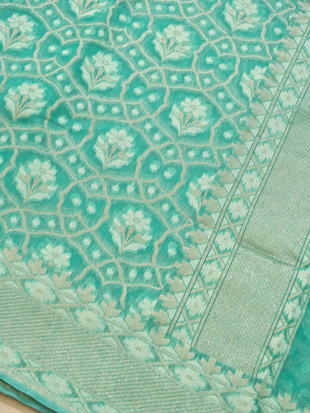 Aqua Blue Jamdhani-Style Saree with Intricate Floral Motifs