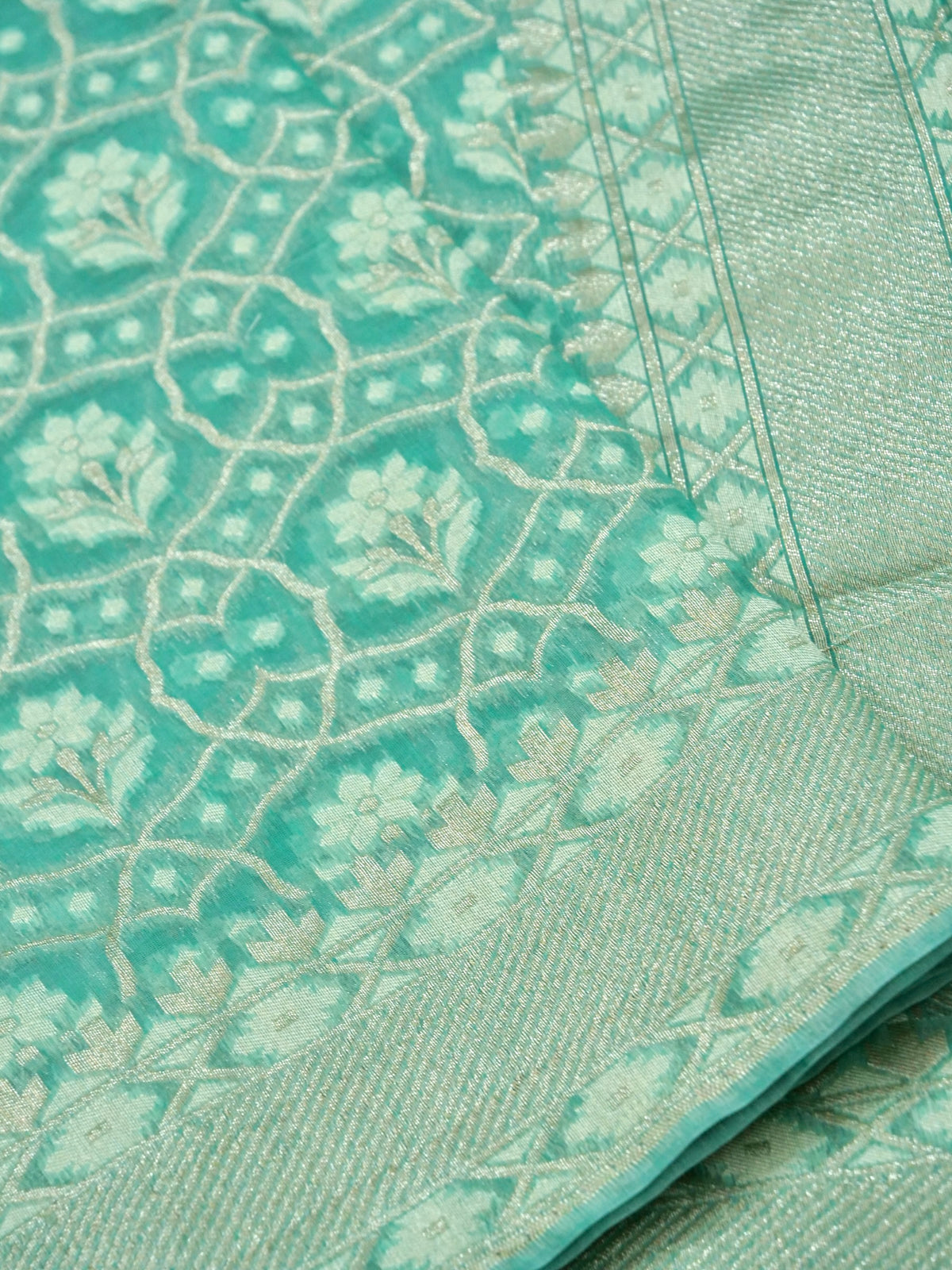 Aqua Blue Jamdhani-Style Saree with Intricate Floral Motifs