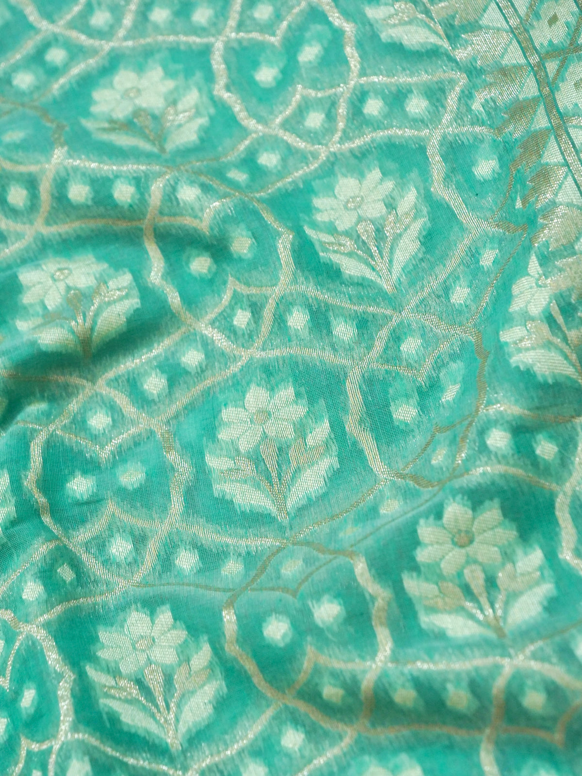 Aqua Blue Jamdhani-Style Saree with Intricate Floral Motifs