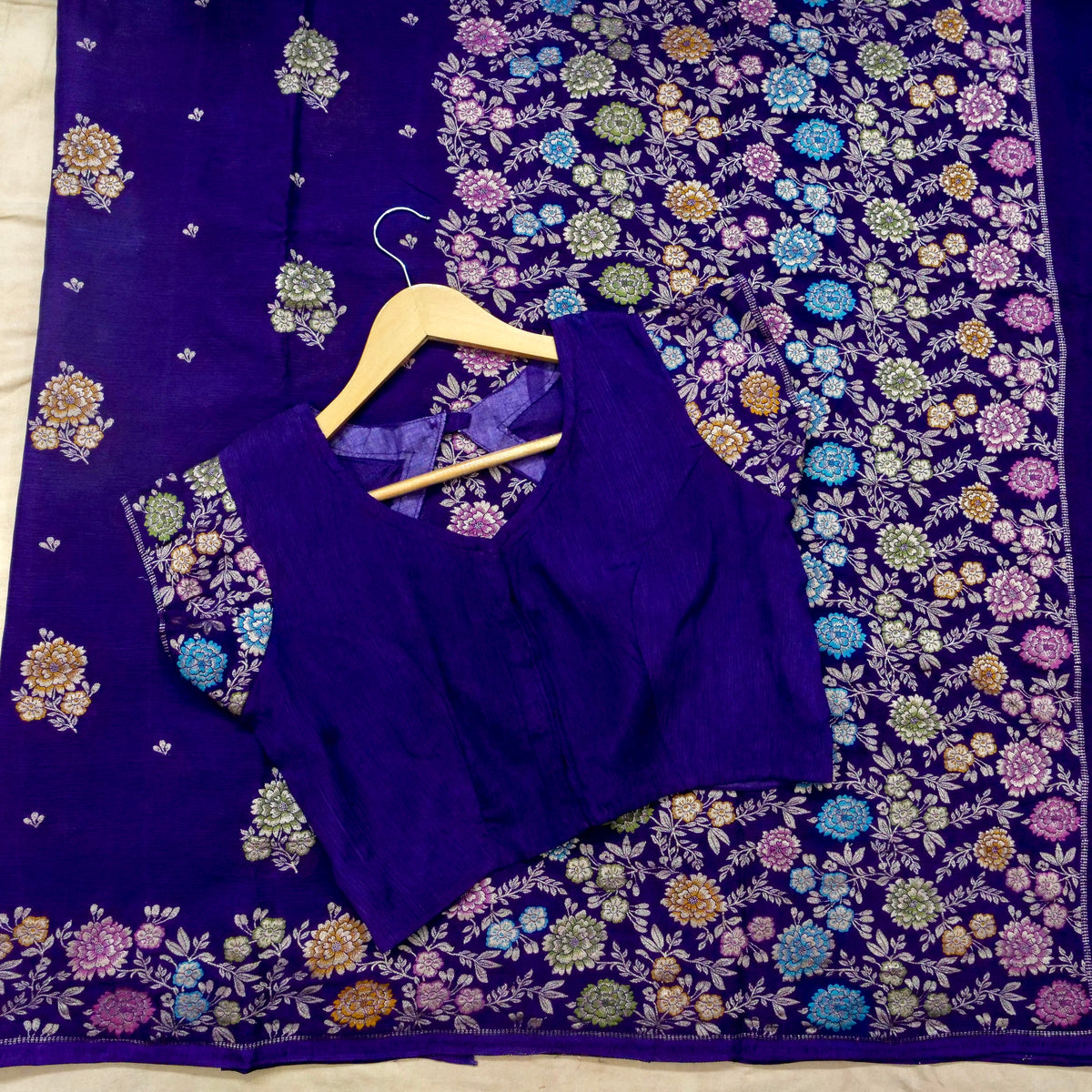 Royal Purple Chinon Silk Saree with Multicolor Floral Border and Stitched Blouse