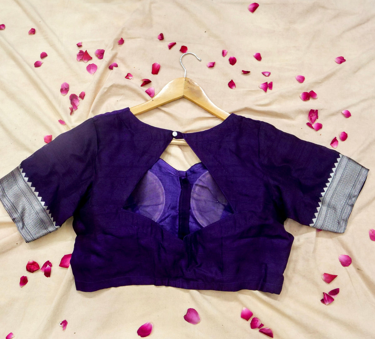 Deep Purple Raw Silk Polka Dot Saree with Floral Border