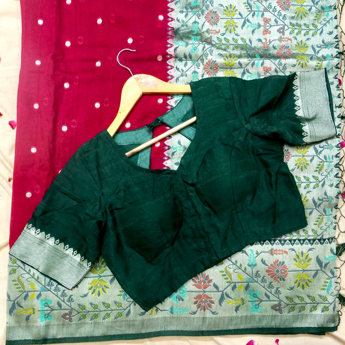 Crimson Red Raw Silk Polka Dot Saree with Green Geometric Floral Border