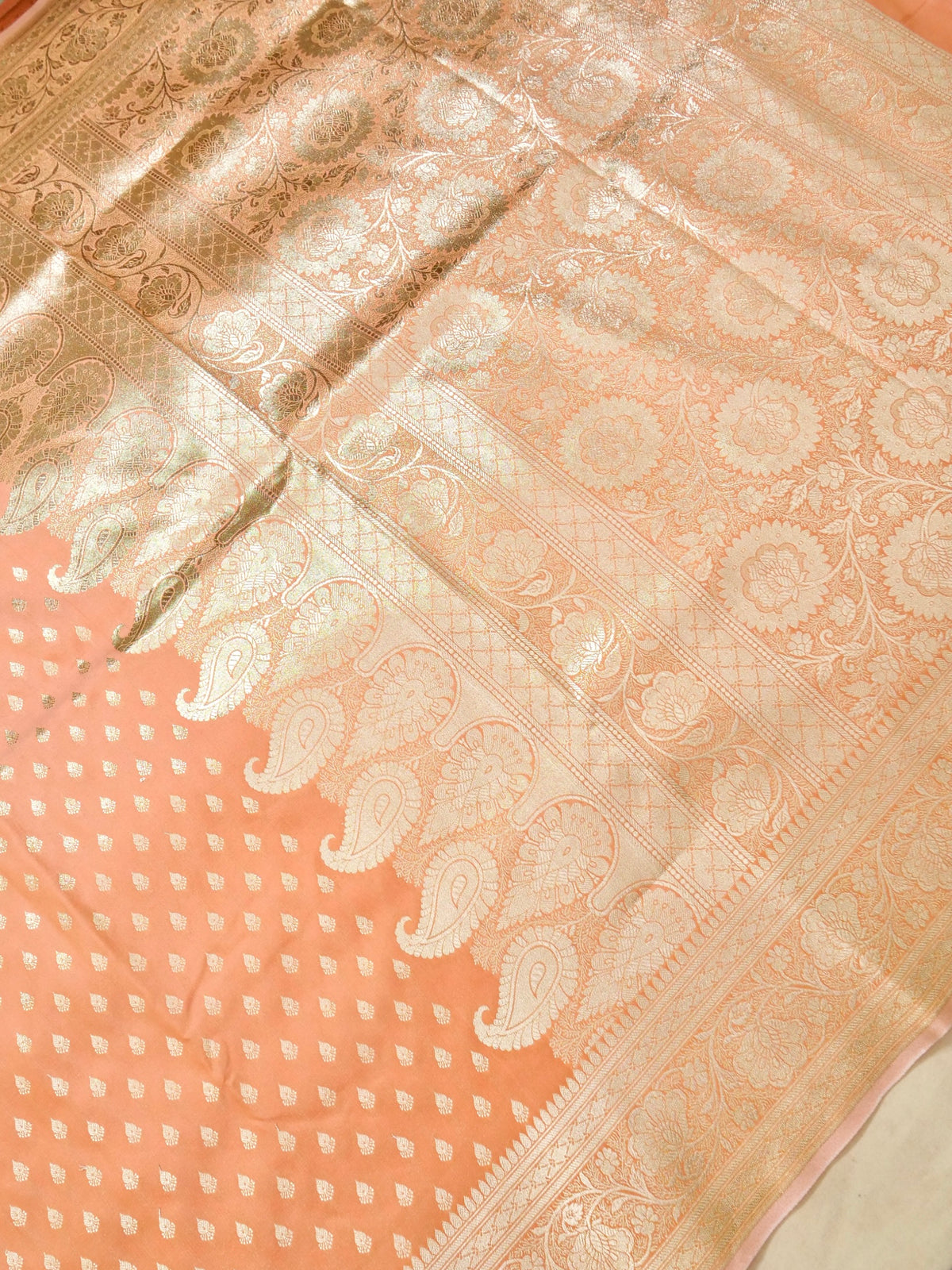 Rich Light Orange Banarasi Silk Saree with Gold Zari Weaving