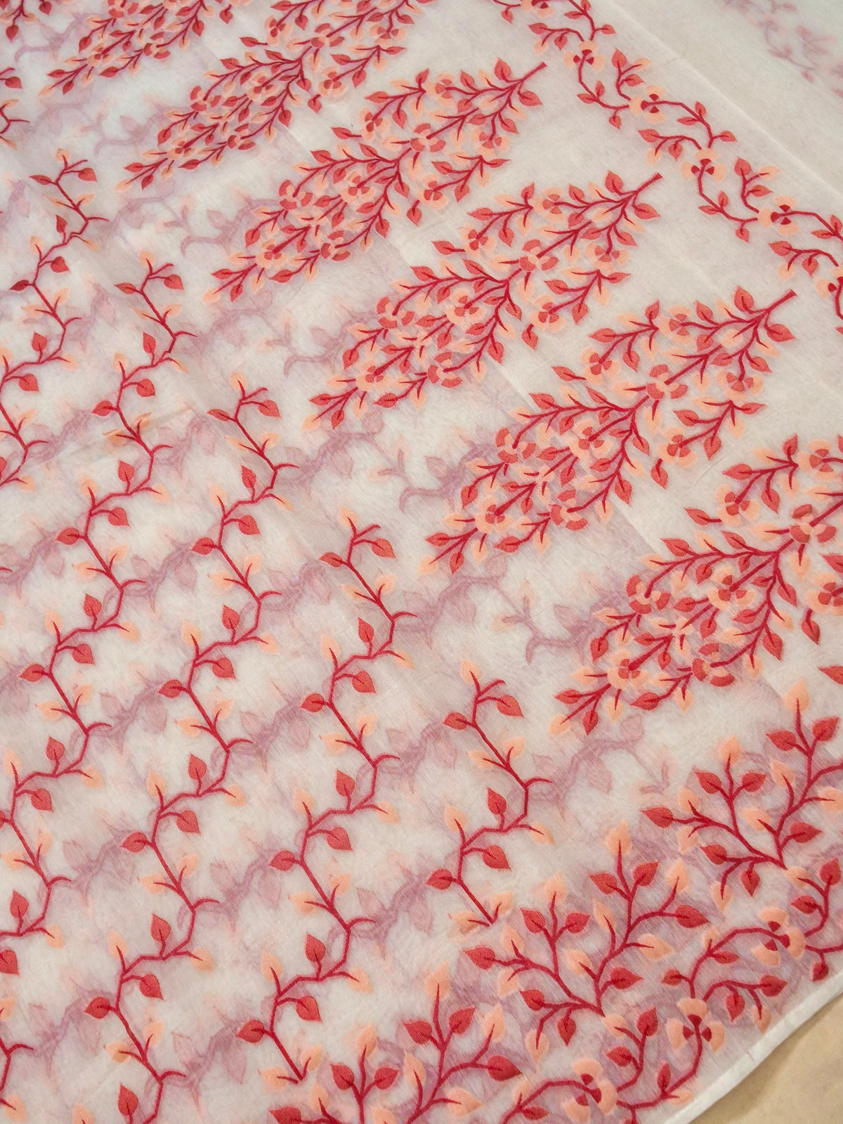 Ivory Jamdhani Style Saree with Coral Geometric Floral Pattern