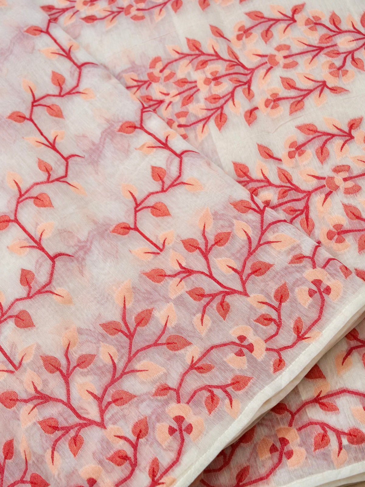 Ivory Jamdhani Style Saree with Coral Geometric Floral Pattern