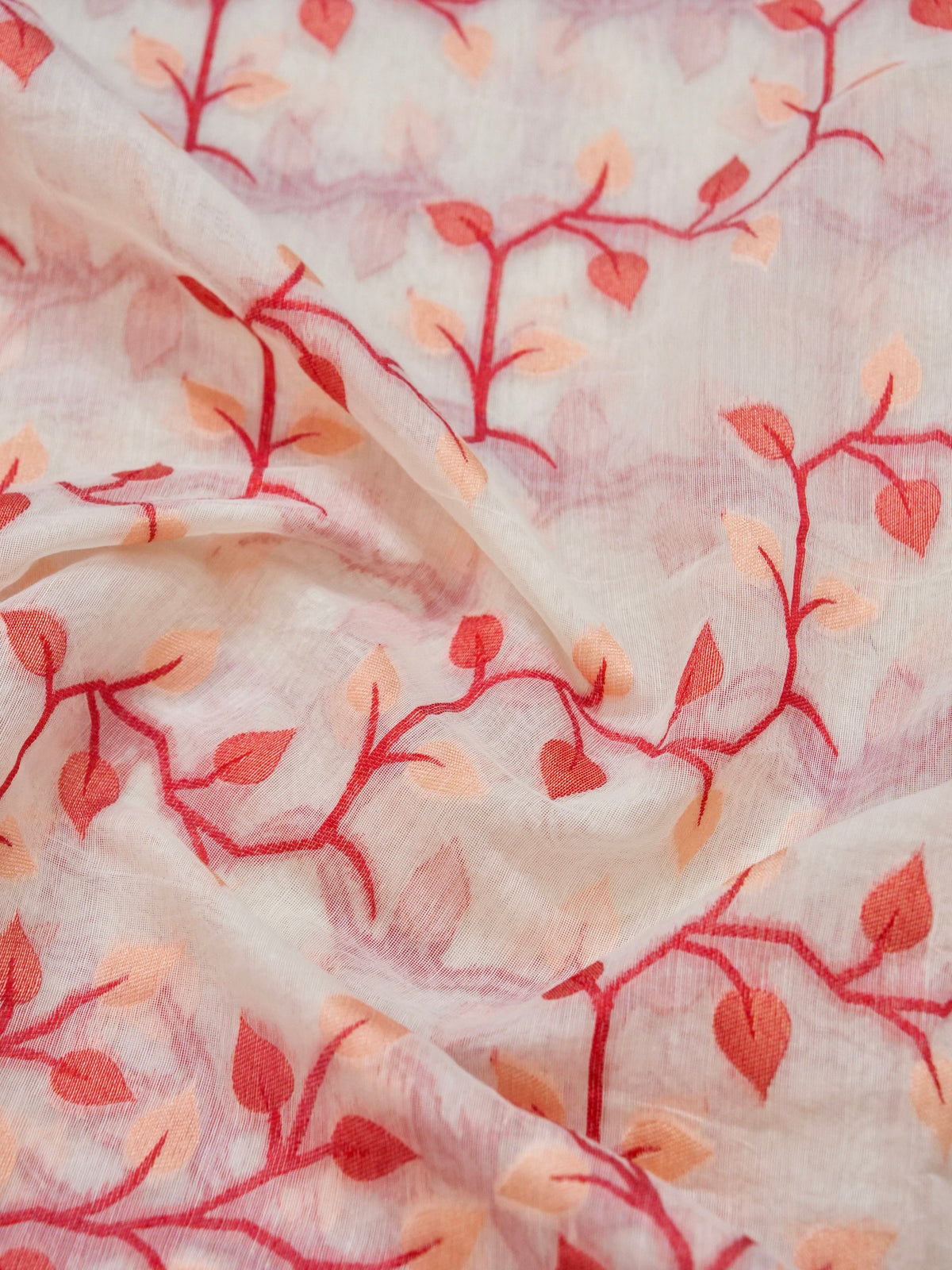 Ivory Jamdhani Style Saree with Coral Geometric Floral Pattern