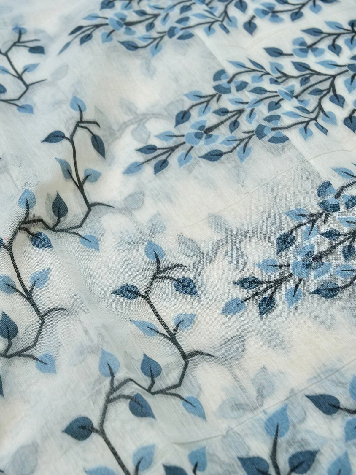 Ivory Jamdhani Style Saree with Grey Blue Geometric Floral Pattern
