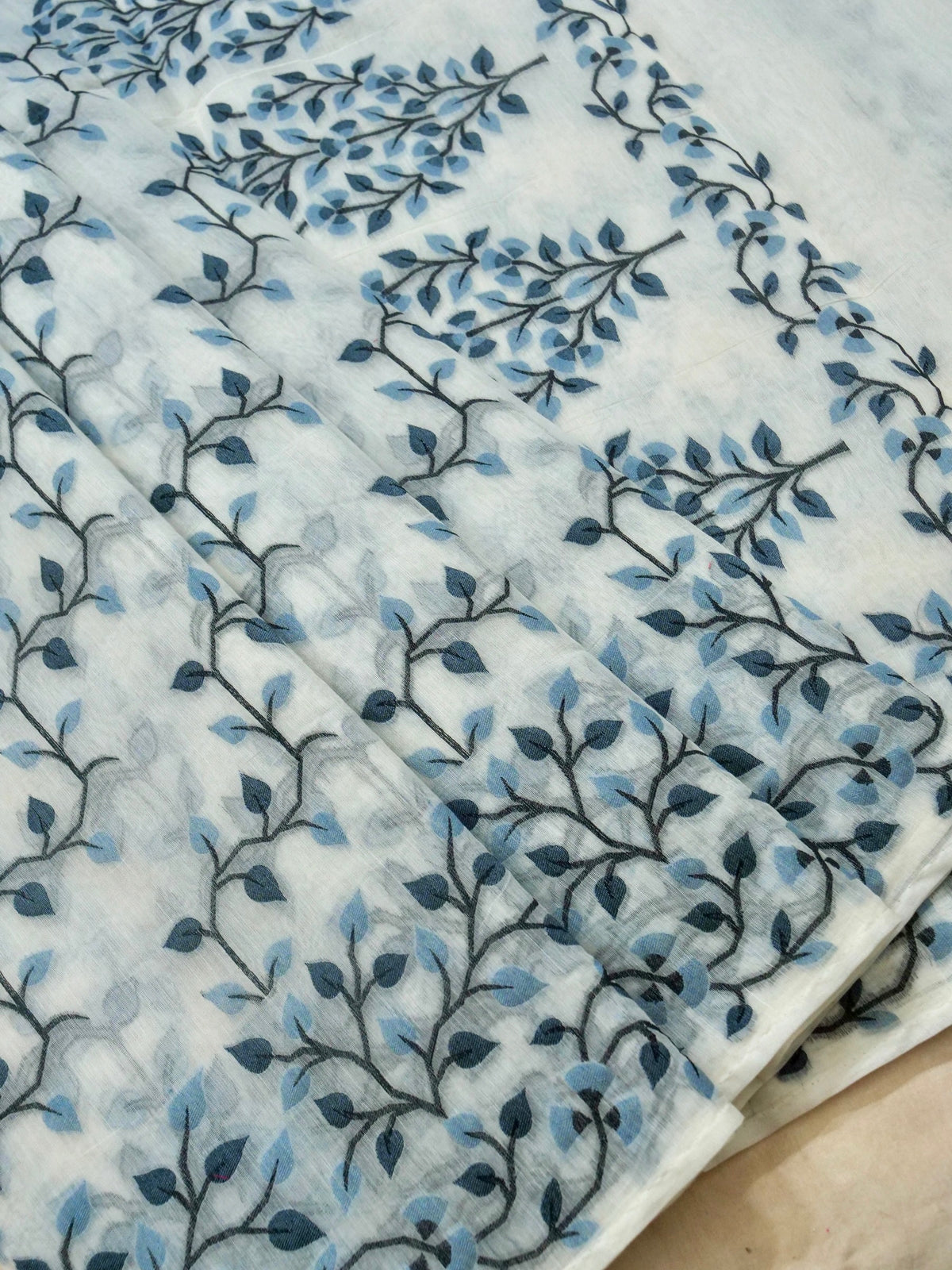 Ivory Jamdhani Style Saree with Grey Blue Geometric Floral Pattern
