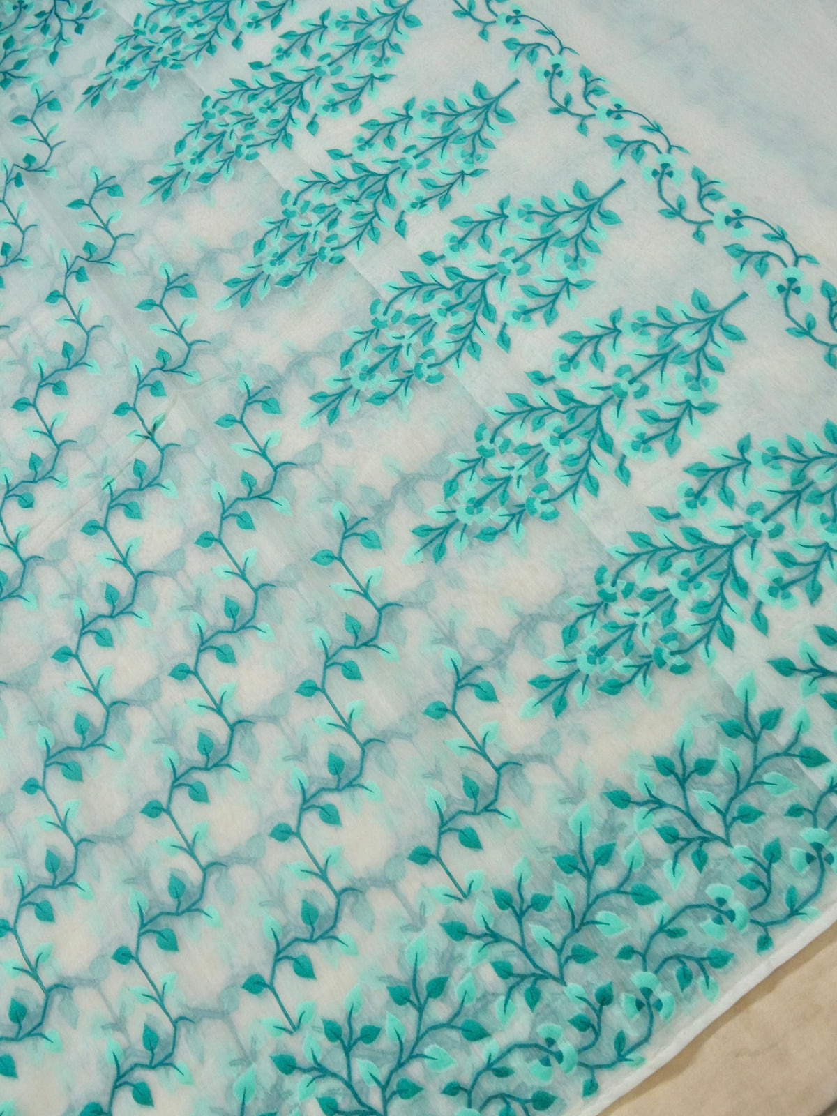Ivory Jamdhani Style Saree with Blue Teal Geometric Floral Pattern