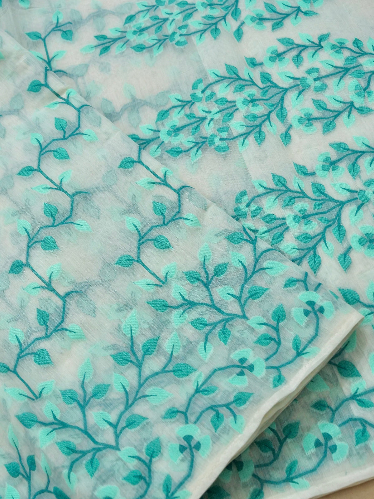Ivory Jamdhani Style Saree with Blue Teal Geometric Floral Pattern