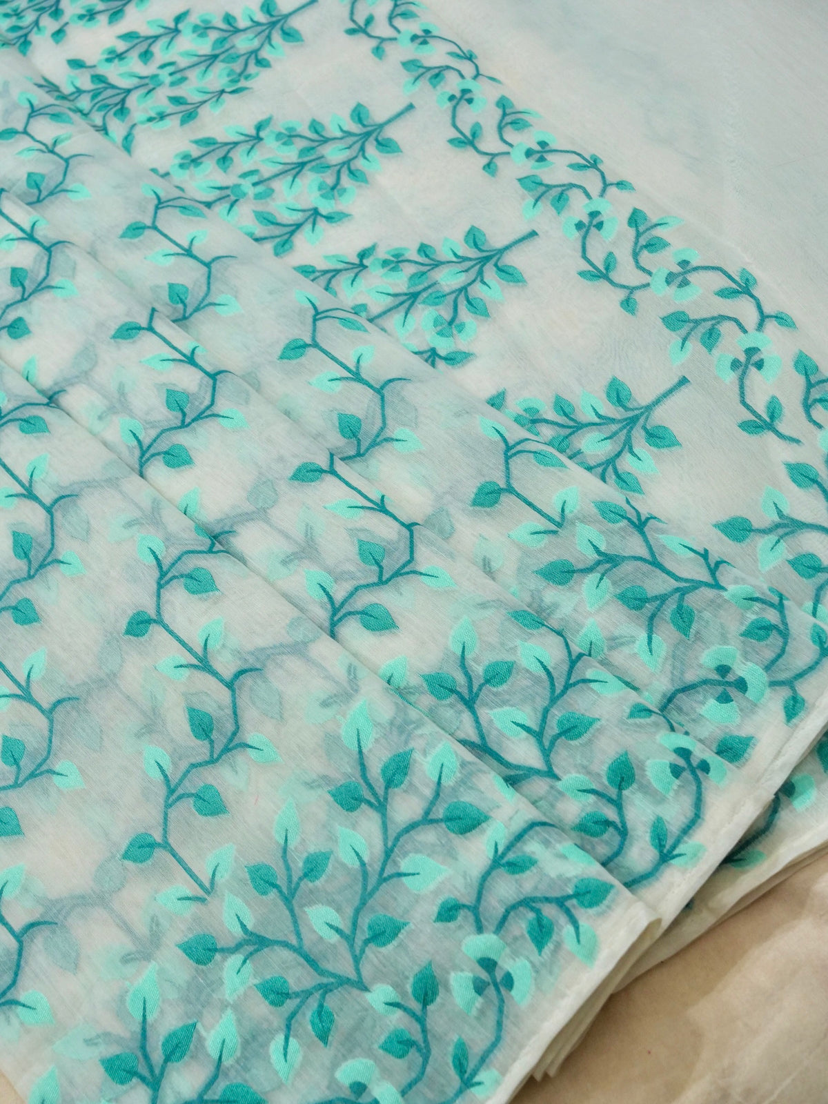 Ivory Jamdhani Style Saree with Blue Teal Geometric Floral Pattern