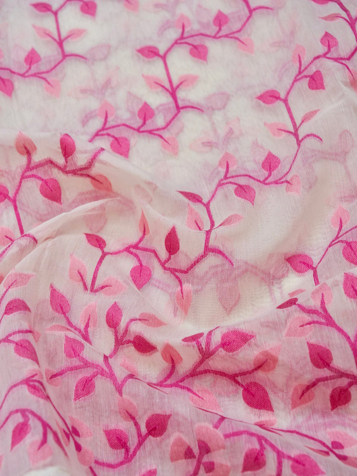 Ivory Jamdhani Style Saree with Pink Geometric Floral Pattern