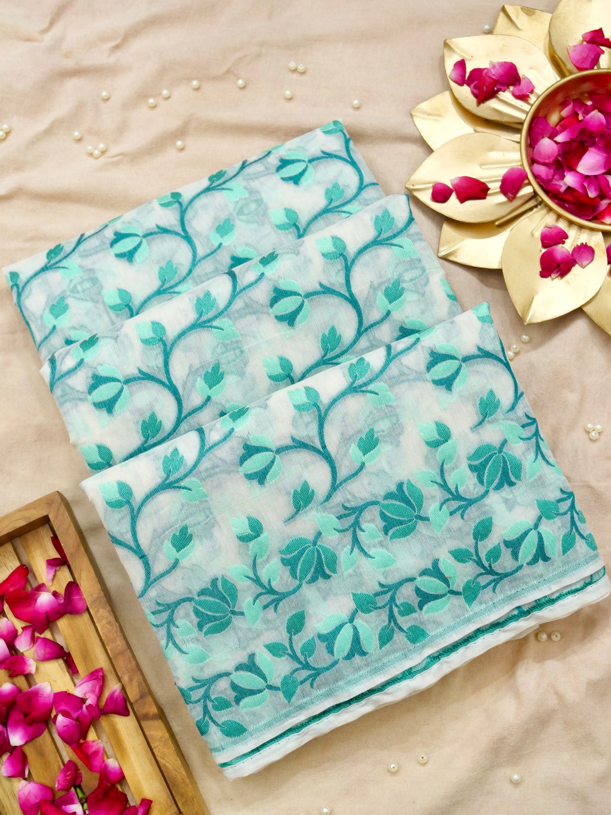 Ivory Jamdhani Style Saree with Turquoise and Blue Woven Motifs