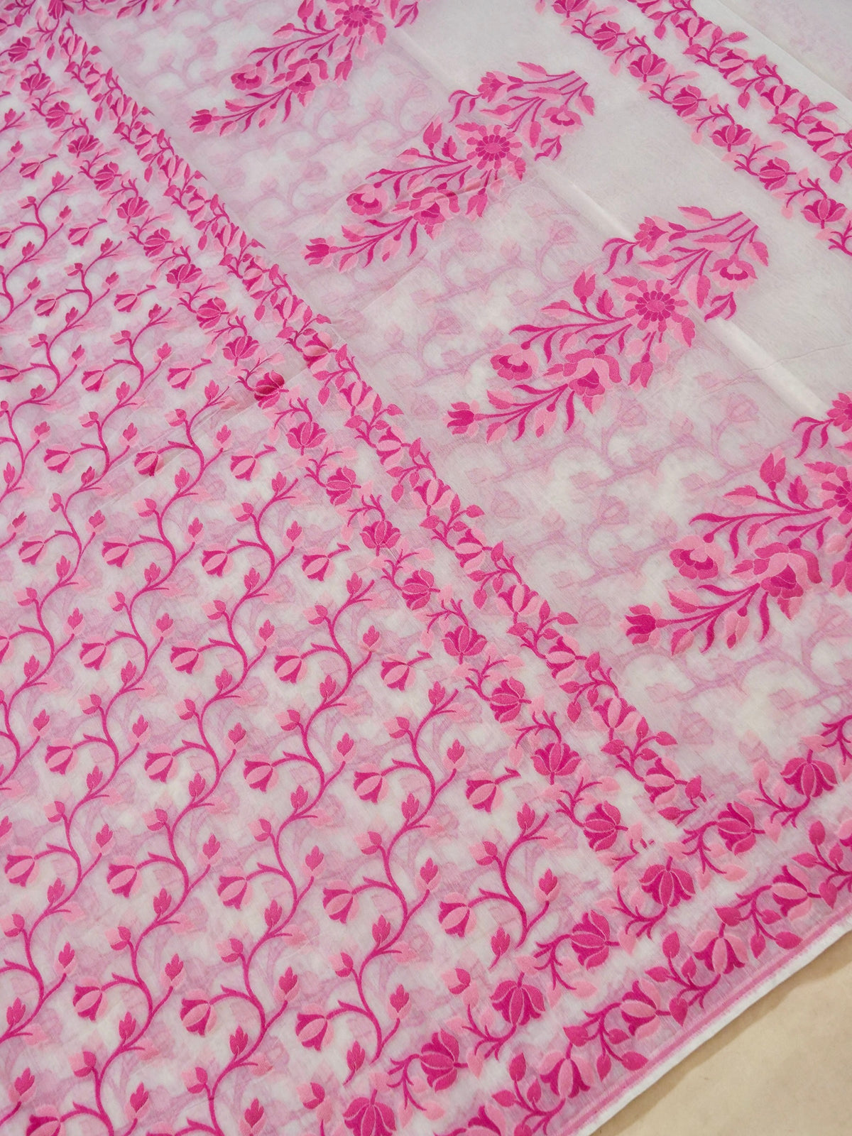 Ivory Jamdhani Style Saree with Pink and Magenta Woven Motifs