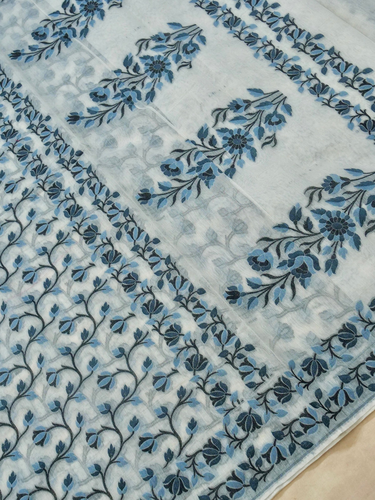 Ivory Jamdhani Style Saree with Slate Blue and Charcoal Grey Woven Motifs