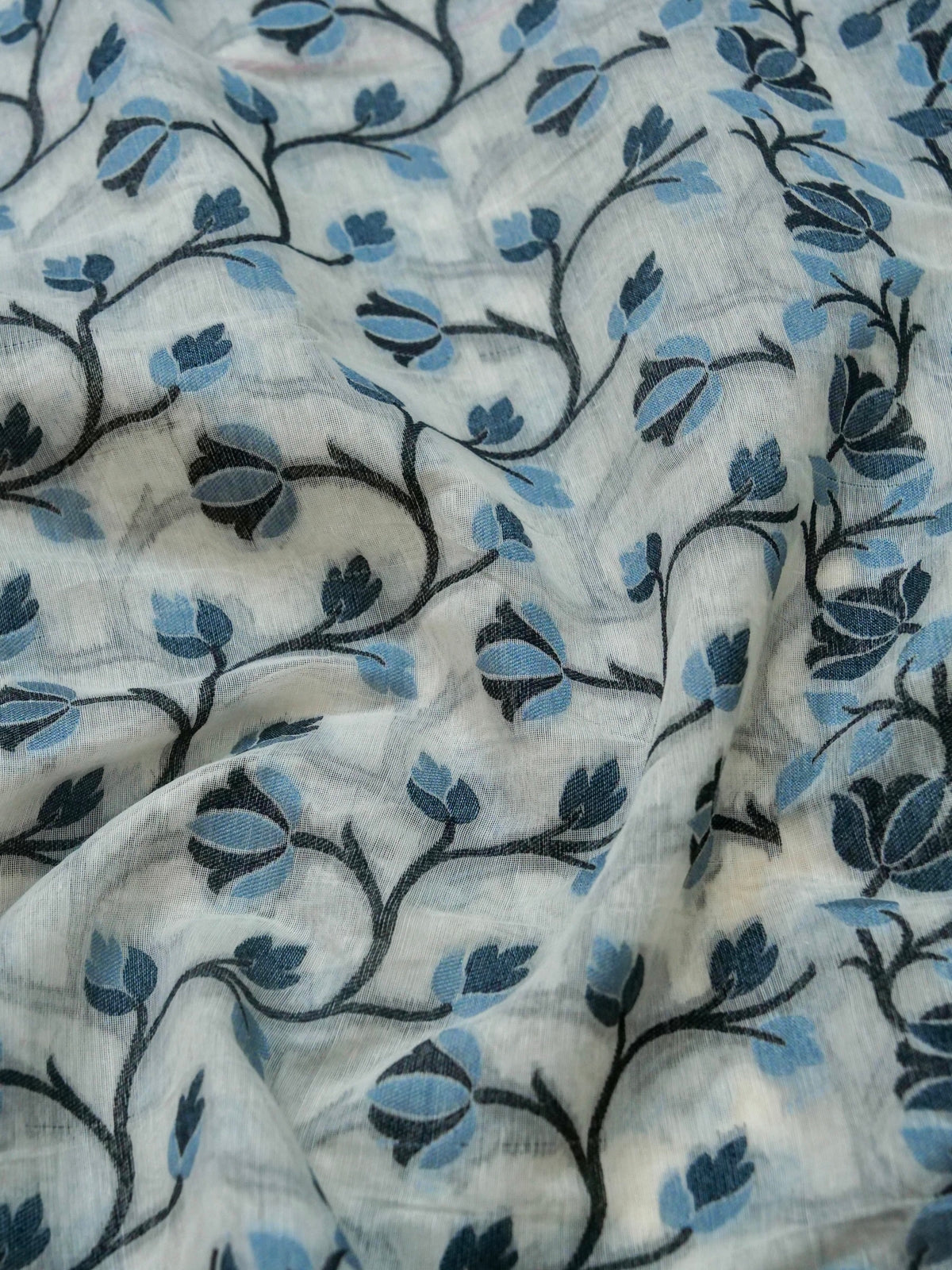 Ivory Jamdhani Style Saree with Slate Blue and Charcoal Grey Woven Motifs