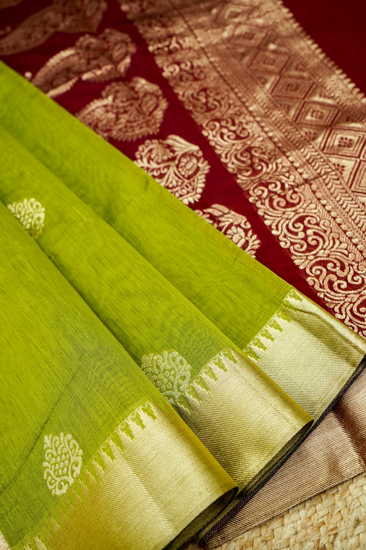 Suvarna - Olive Green Maheshwari Silk Saree with Antique Gold Border