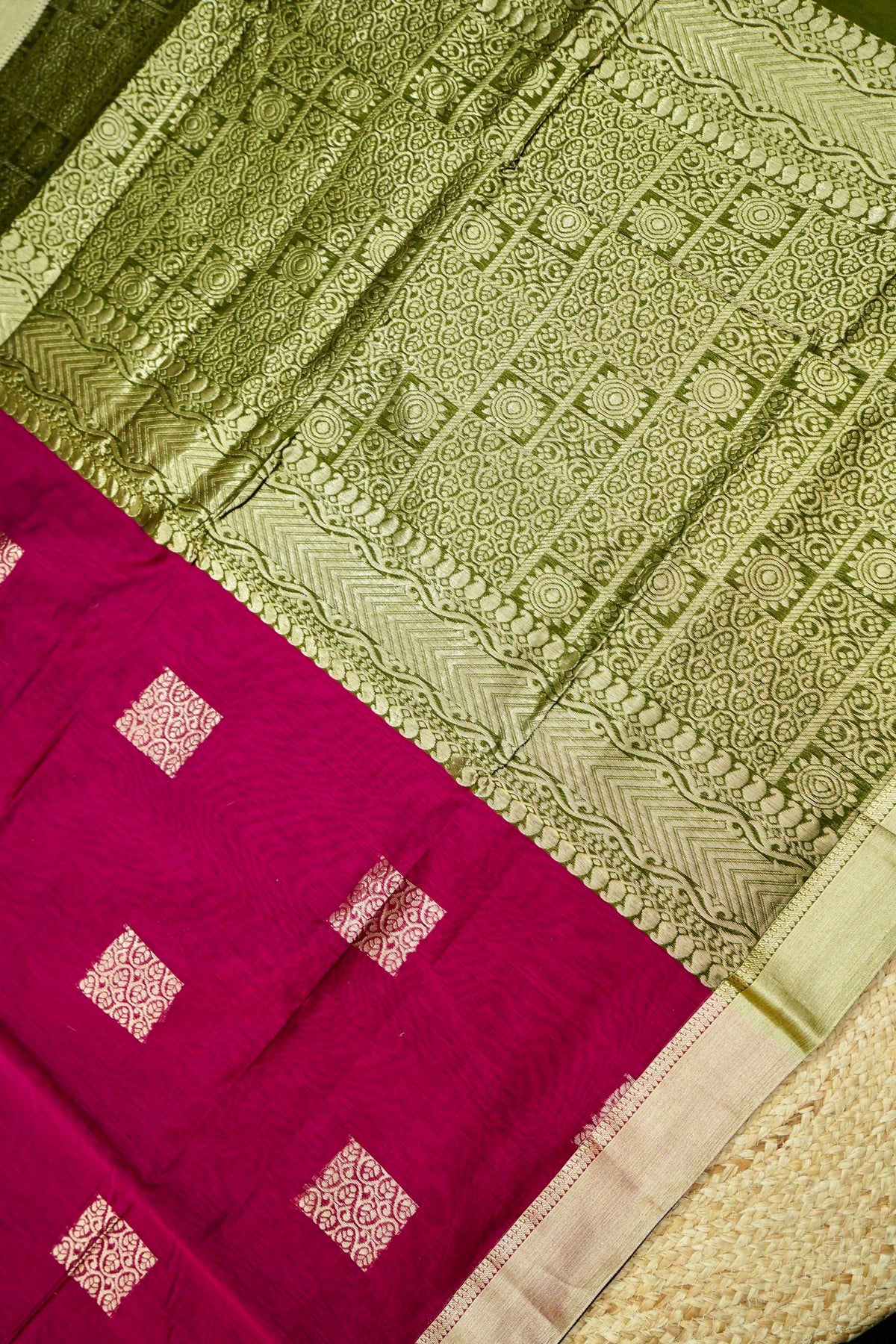Suvarna - Deep Magenta Maheshwari Silk Saree with Antique Gold Border