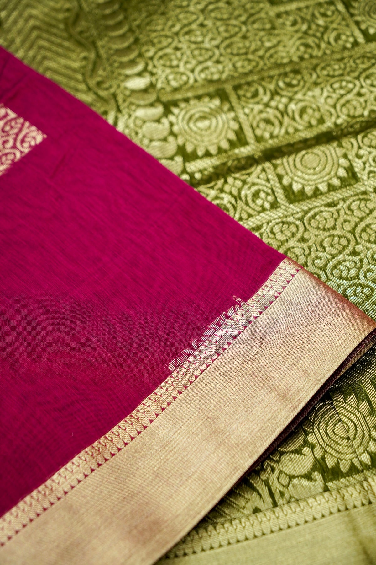 Suvarna - Deep Magenta Maheshwari Silk Saree with Antique Gold Border
