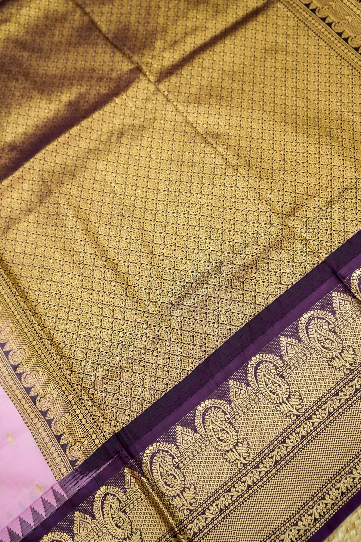 Suvarna - Baby Pink Gadwal Silk Saree with Dark Purple Gold Border