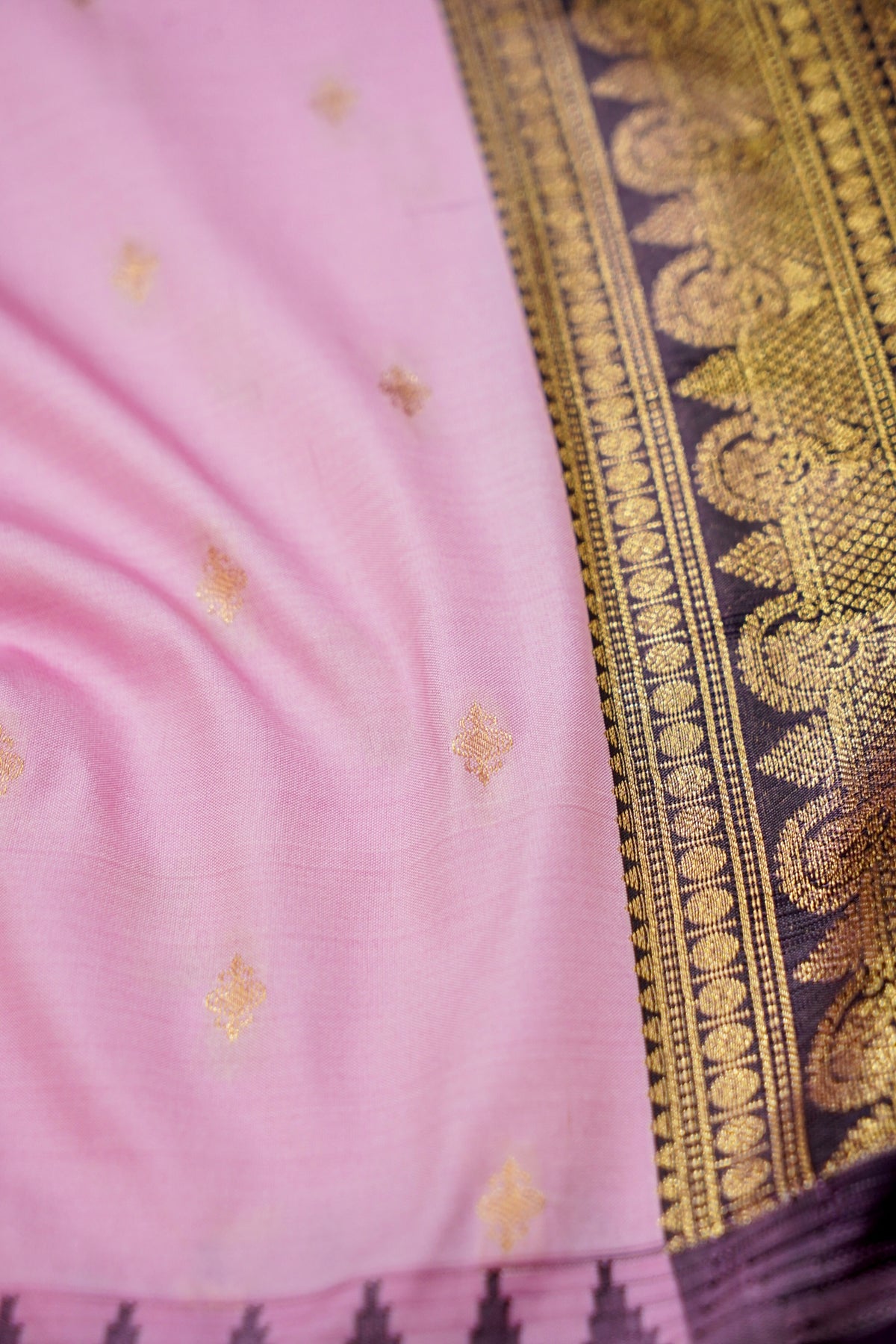 Suvarna - Baby Pink Gadwal Silk Saree with Dark Purple Gold Border
