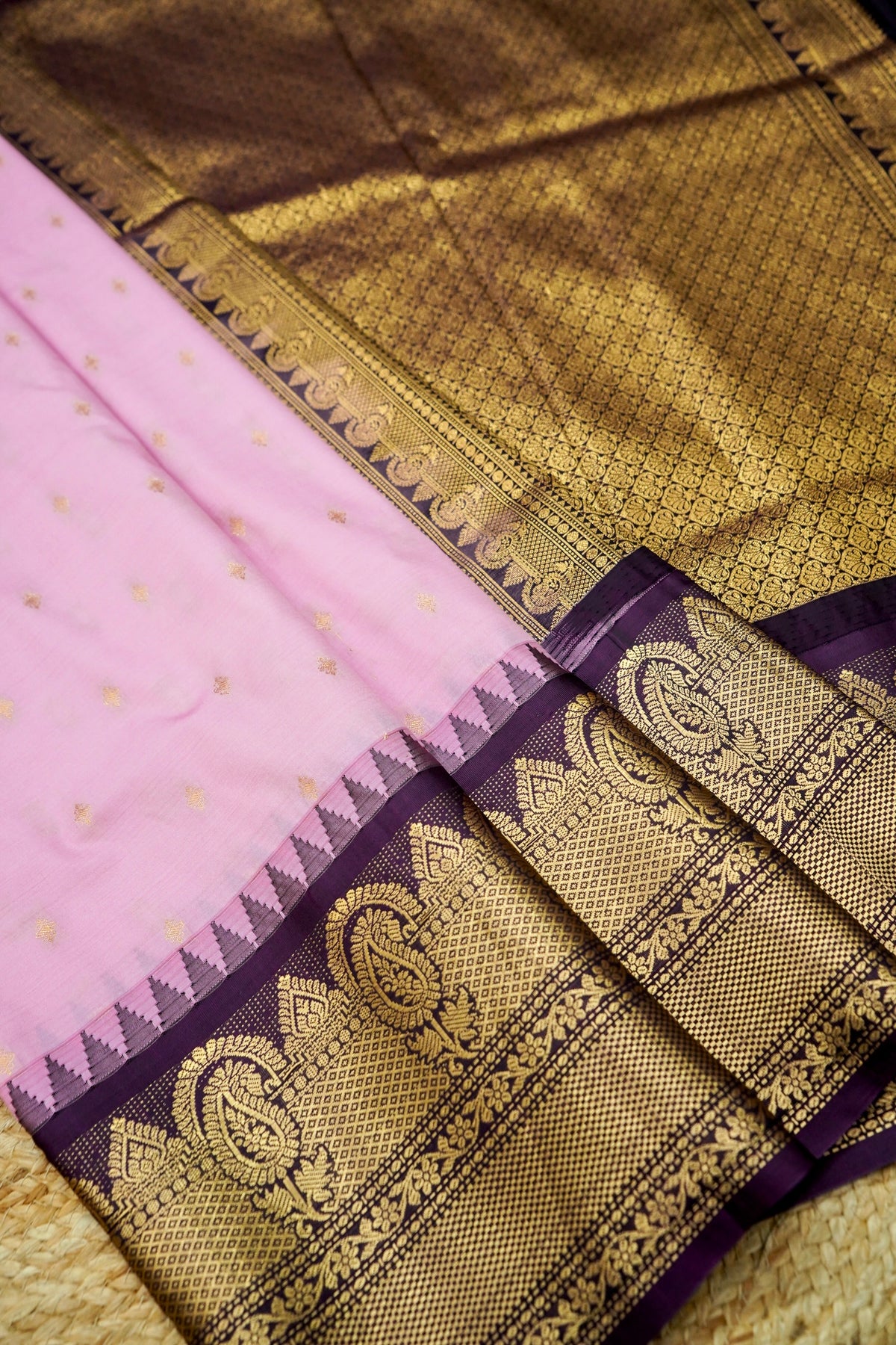 Suvarna - Baby Pink Gadwal Silk Saree with Dark Purple Gold Border