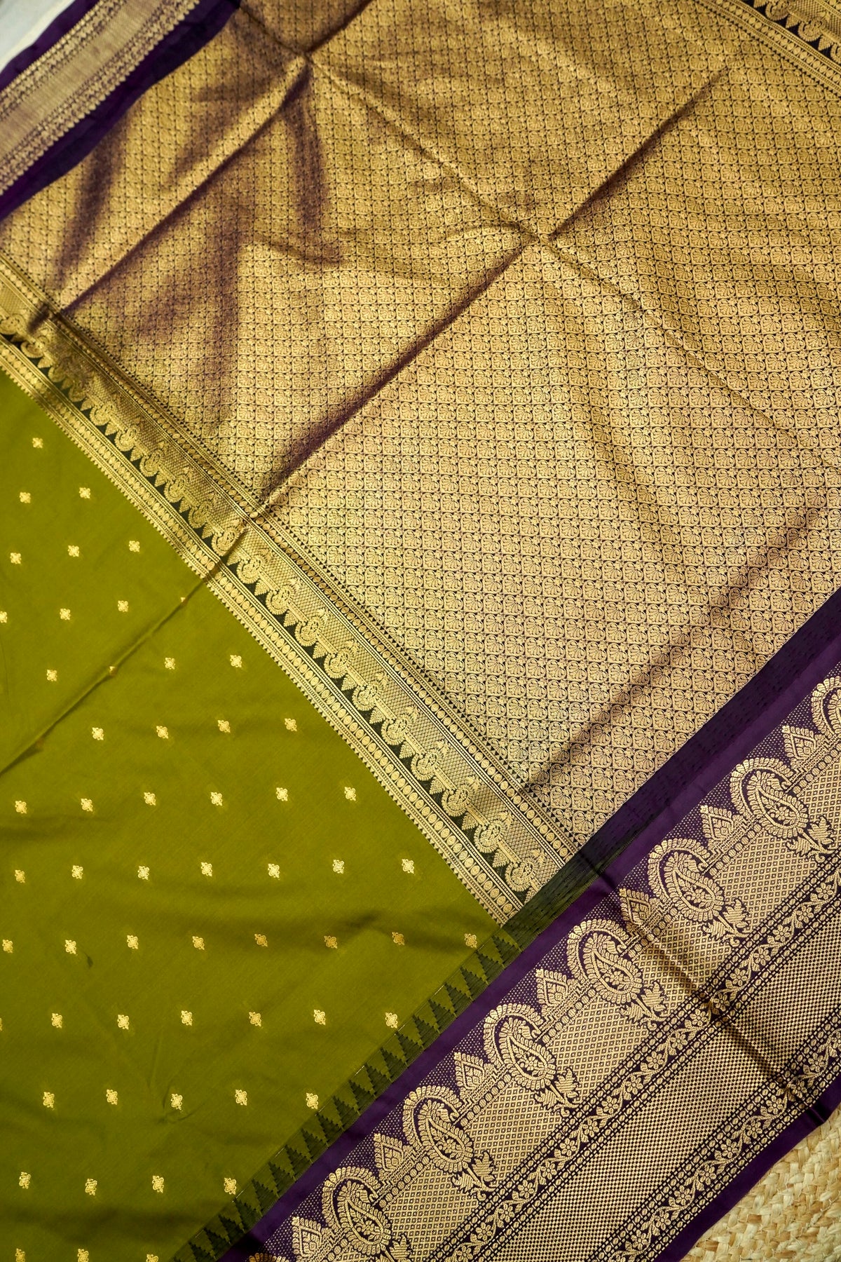 Suvarna - Olive Green Gadwal Silk Saree with Dark Purple Gold Border