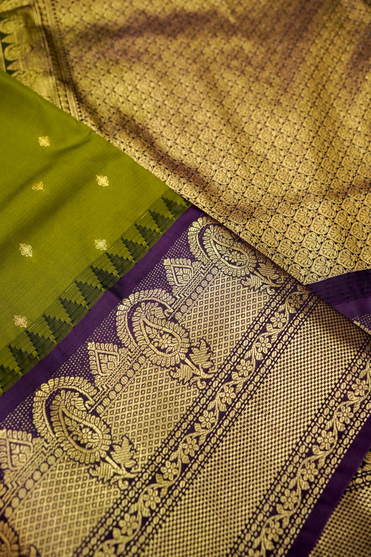 Suvarna - Olive Green Gadwal Silk Saree with Dark Purple Gold Border