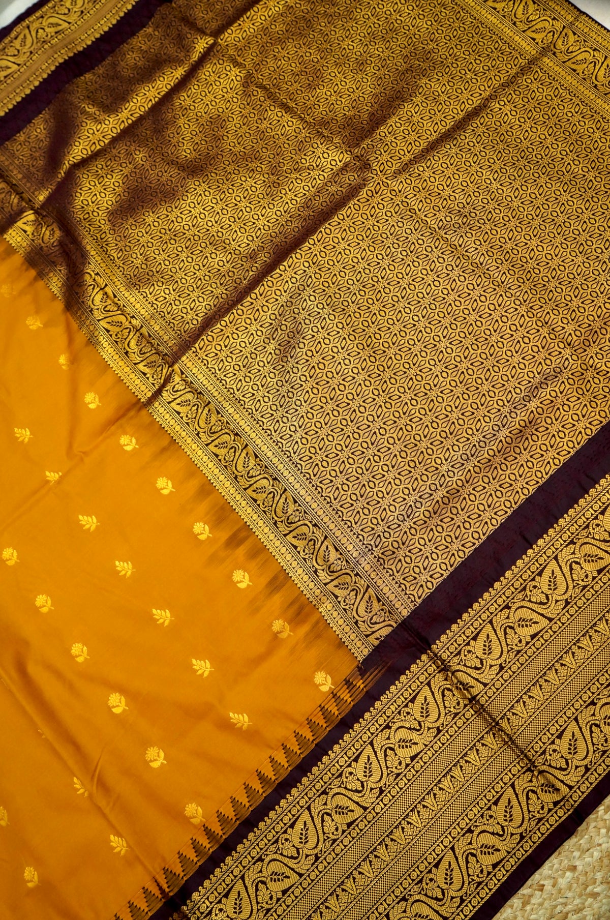 Suvarna - Mustard Orange Gadwal Silk Saree with Dark Maroon Gold Border