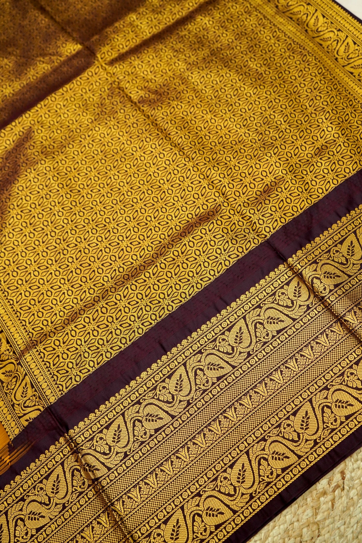 Suvarna - Mustard Orange Gadwal Silk Saree with Dark Maroon Gold Border