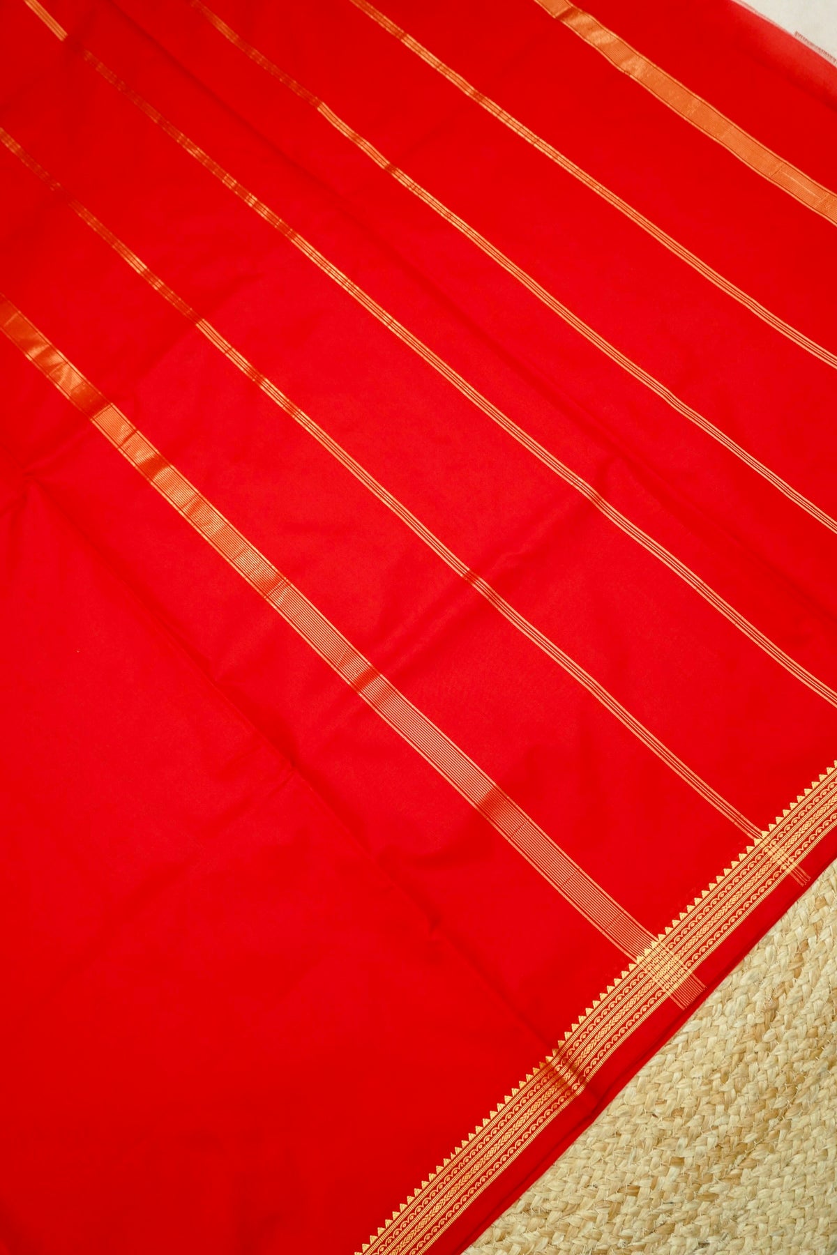 Suvarna - Bright Vermilion Red Mysore Crepe Silk Saree with Gold Kaat Border