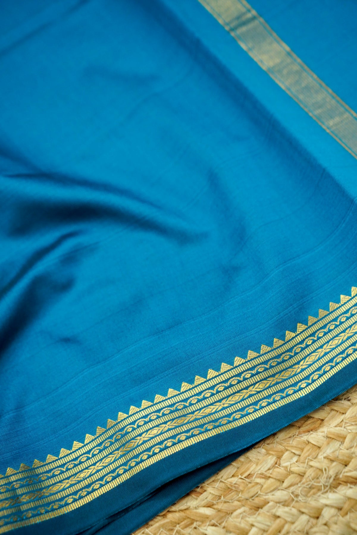 Suvarna - Peacock Blue Mysore Crepe Silk Saree with Gold Kaat Border