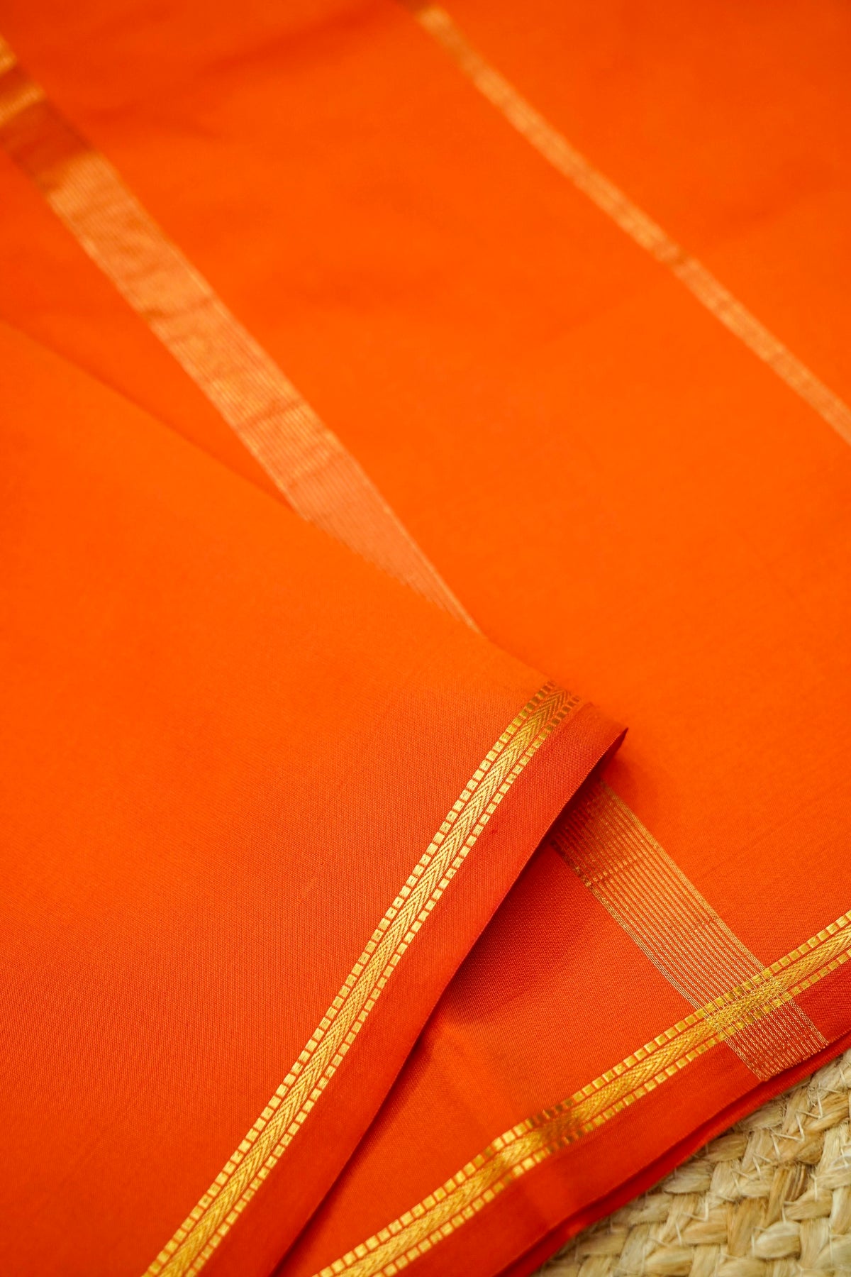 Suvarna - Vibrant Orange Mysore Crepe Silk Saree with Gold Fine Border