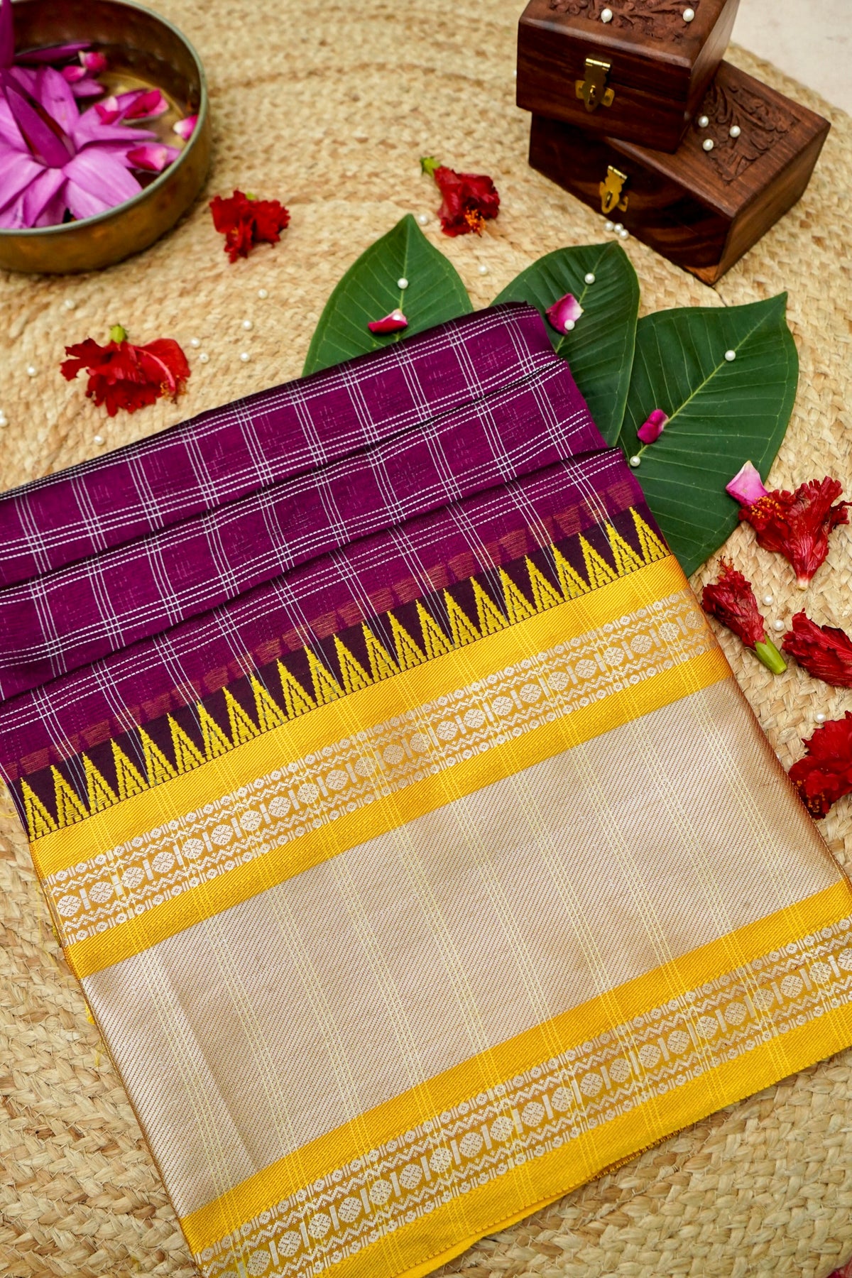 Suvarna - Deep Magenta Purple Gadwal Silk Saree with Mustard Gold Border