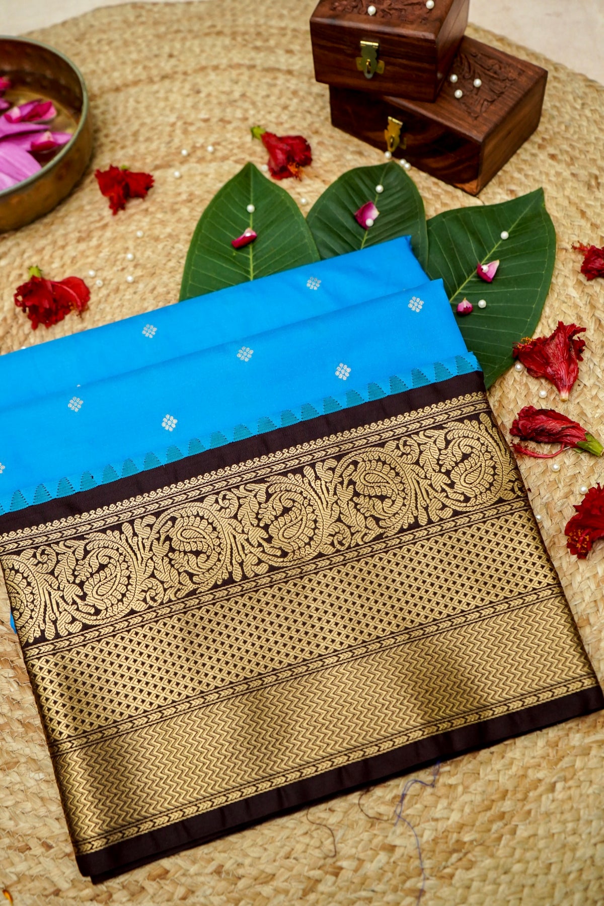 Suvarna - Bright Turquoise Blue Gadwal Silk Saree with Brown Gold Border
