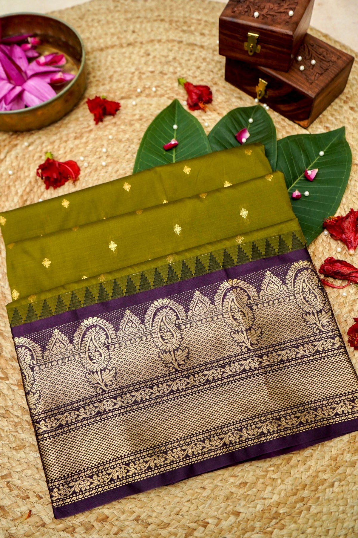 Suvarna - Olive Green Gadwal Silk Saree with Dark Purple Gold Border