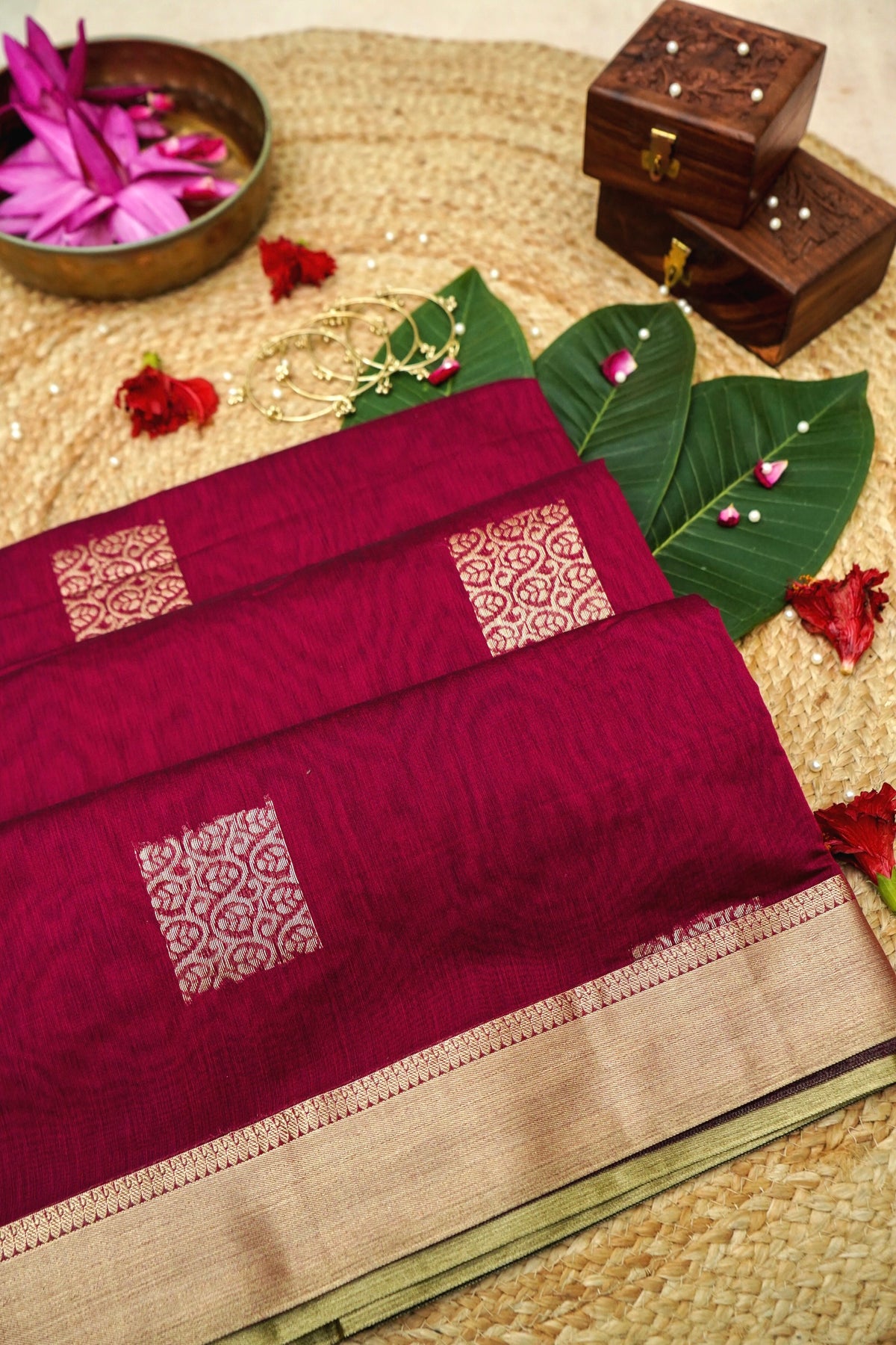 Suvarna - Deep Magenta Maheshwari Silk Saree with Antique Gold Border