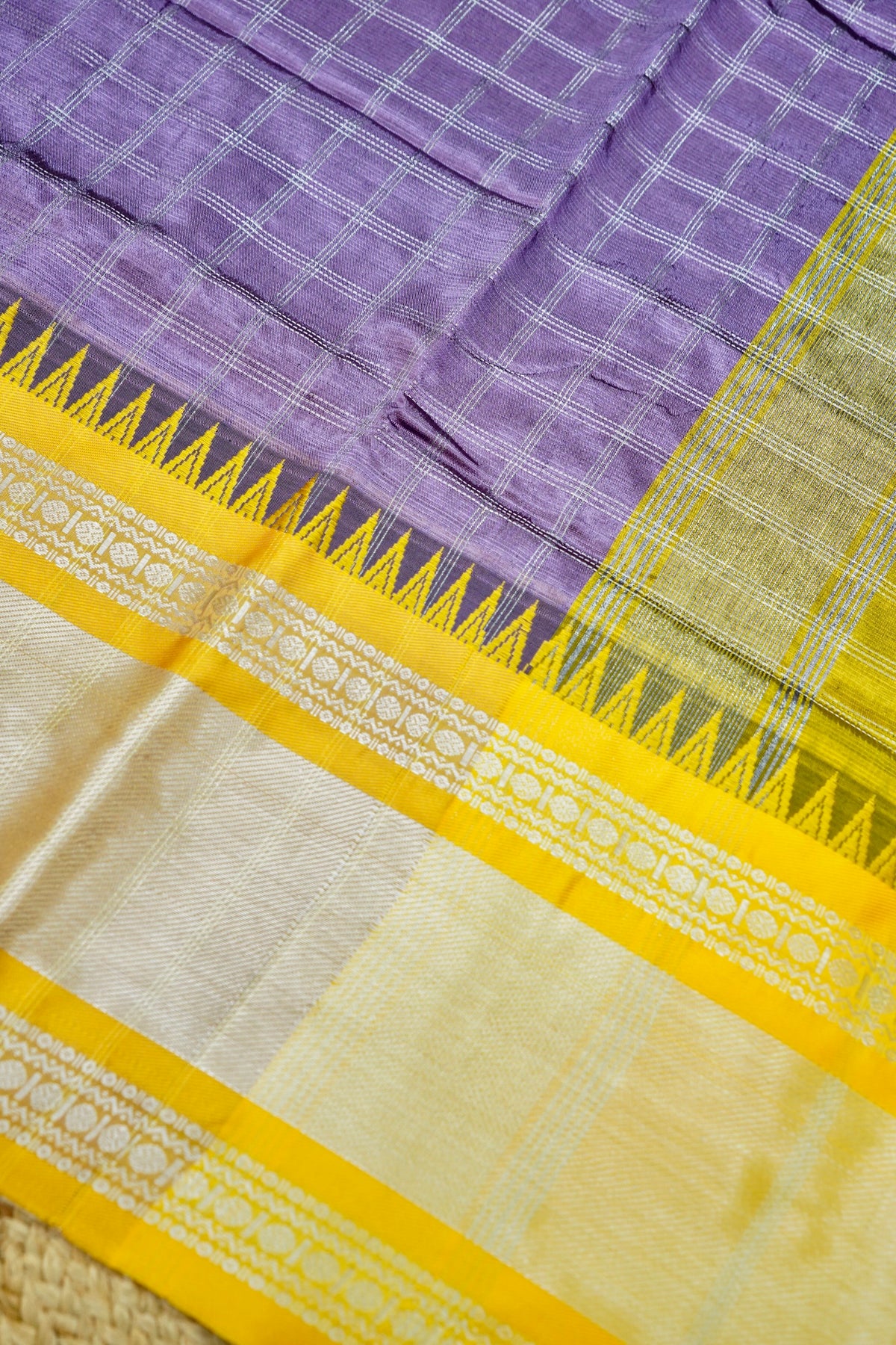 Suvarna - Lavender Purple Gadwal Silk Saree with Mustard Gold Border