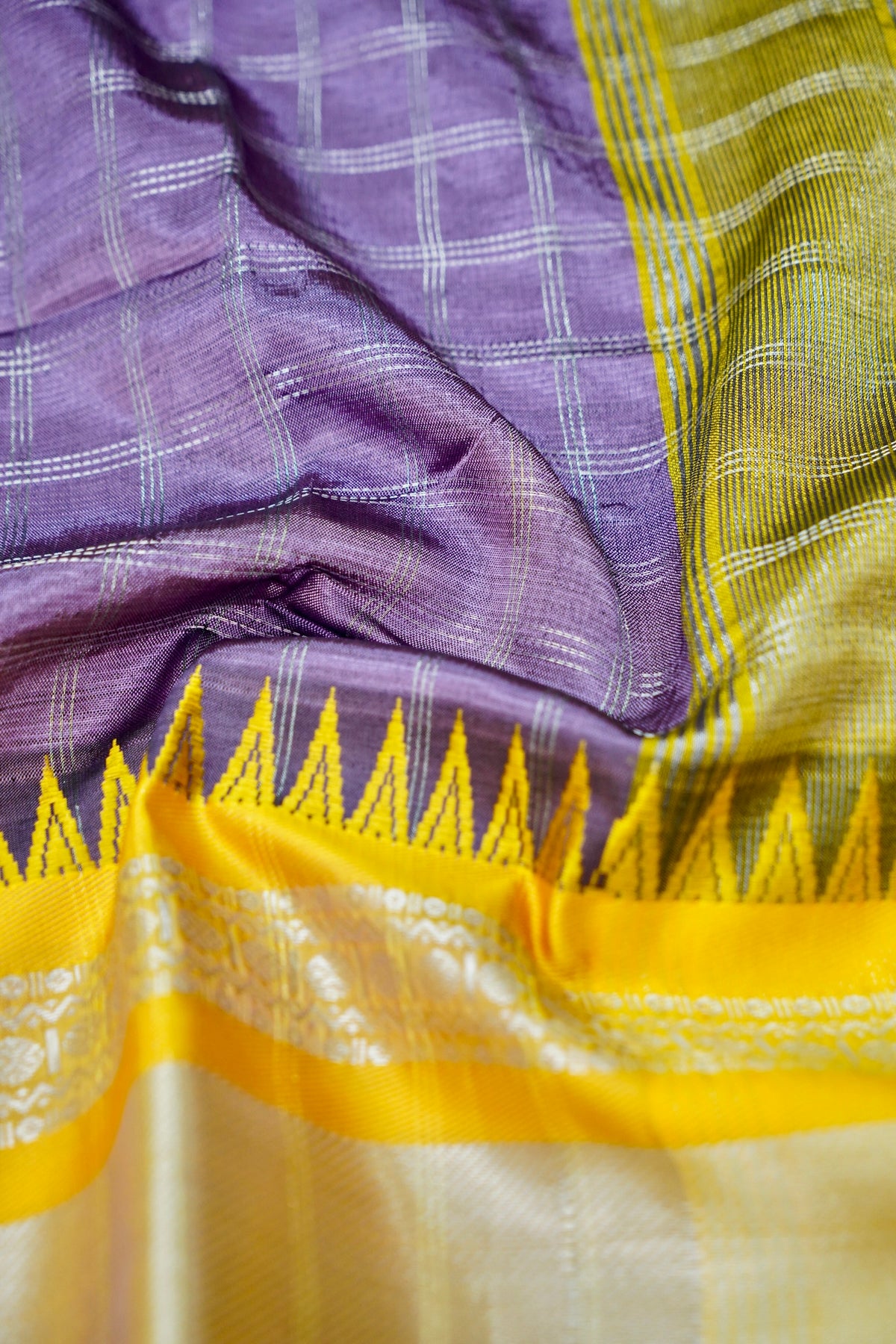 Suvarna - Lavender Purple Gadwal Silk Saree with Mustard Gold Border