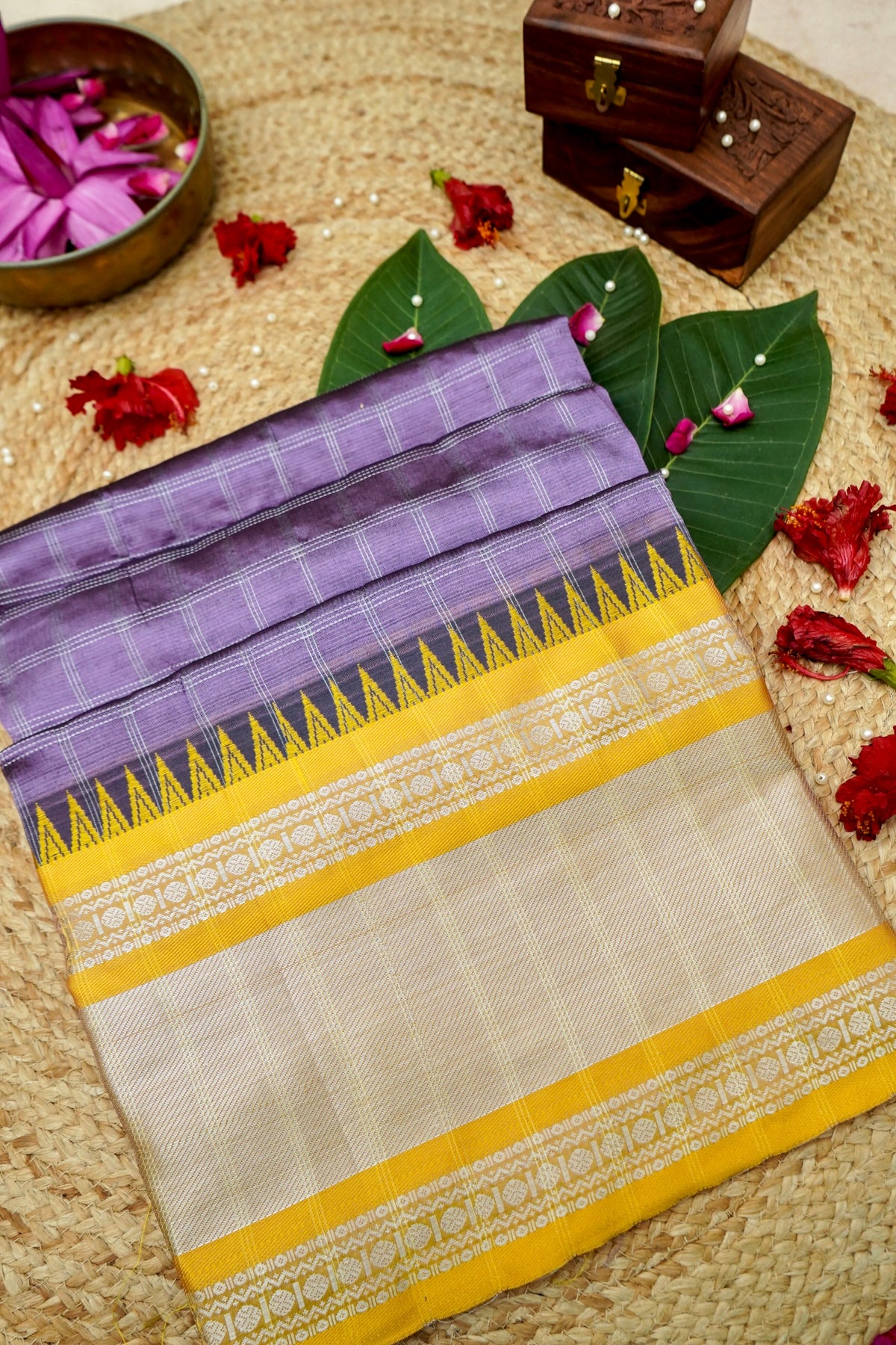 Suvarna - Lavender Purple Gadwal Silk Saree with Mustard Gold Border